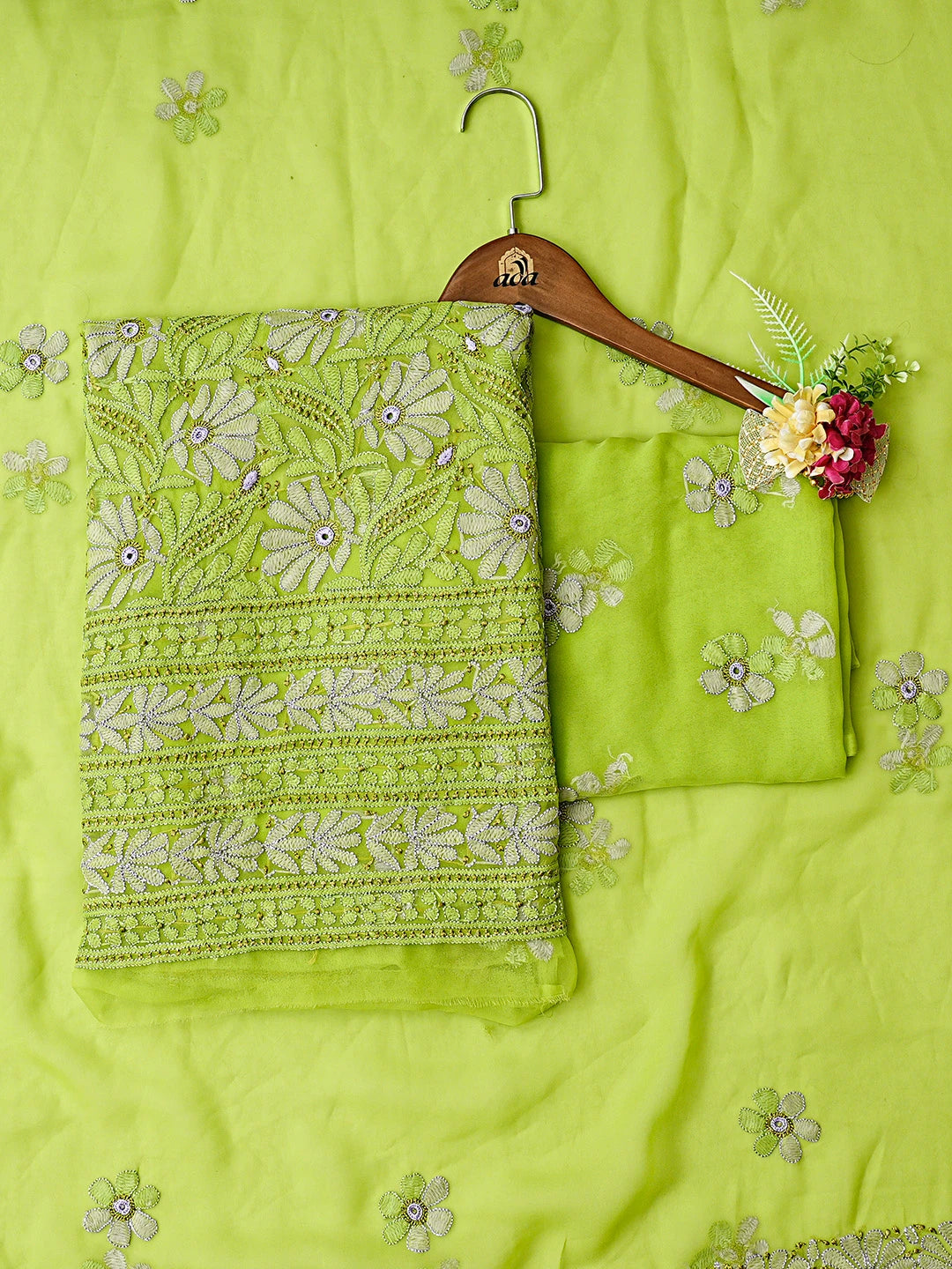 Ada Hand Embroidered Green Georgette Lucknowi Chikankari Unstitched Suit Piece 01A799916