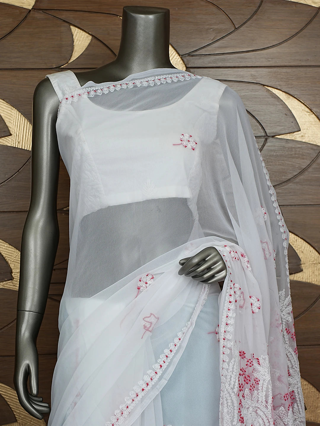 Ada Hand Embroidered White Georgette Lucknowi Chikankari Saree With Blouse 01A853688