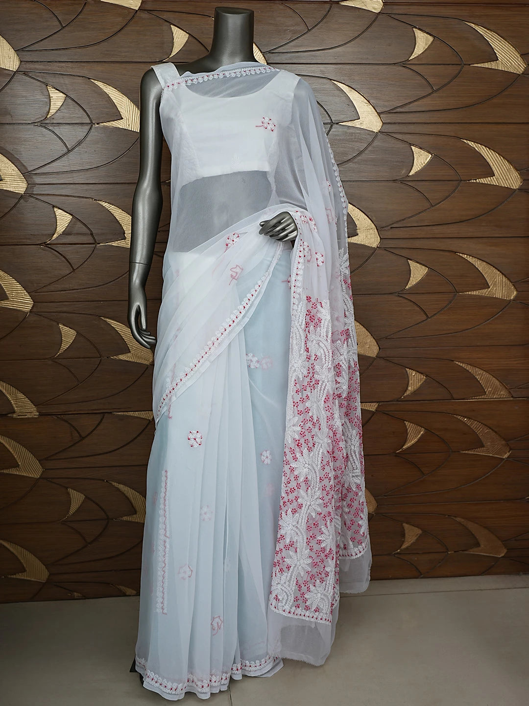 Ada Hand Embroidered White Georgette Lucknowi Chikankari Saree With Blouse 01A853688