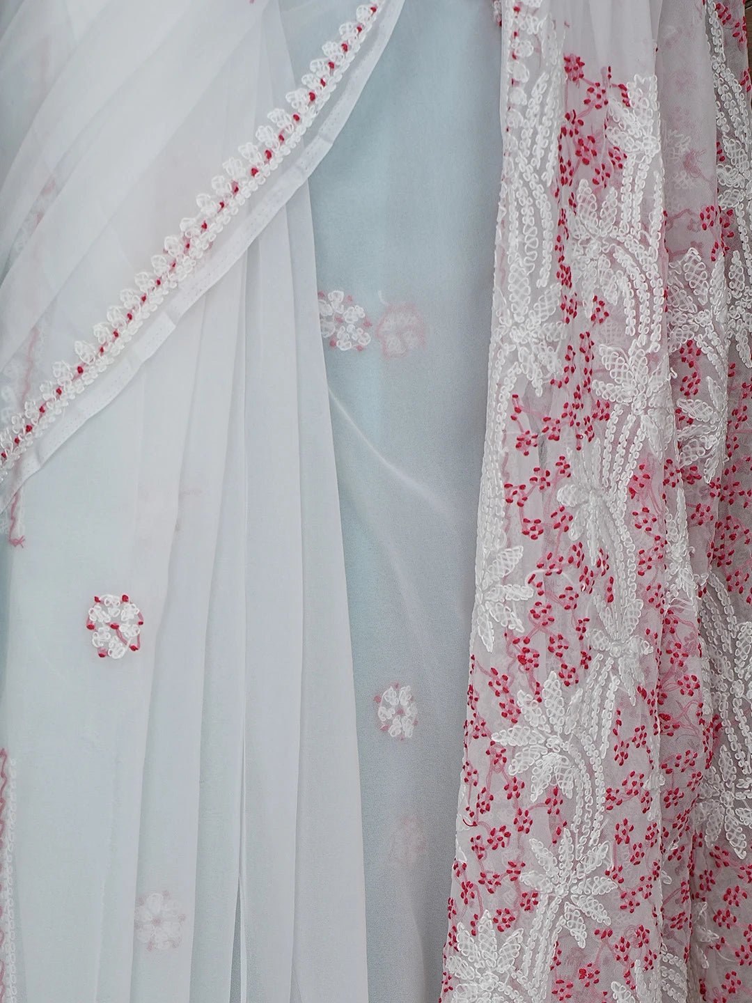 Ada Hand Embroidered White Georgette Lucknowi Chikankari Saree With Blouse 01A853688