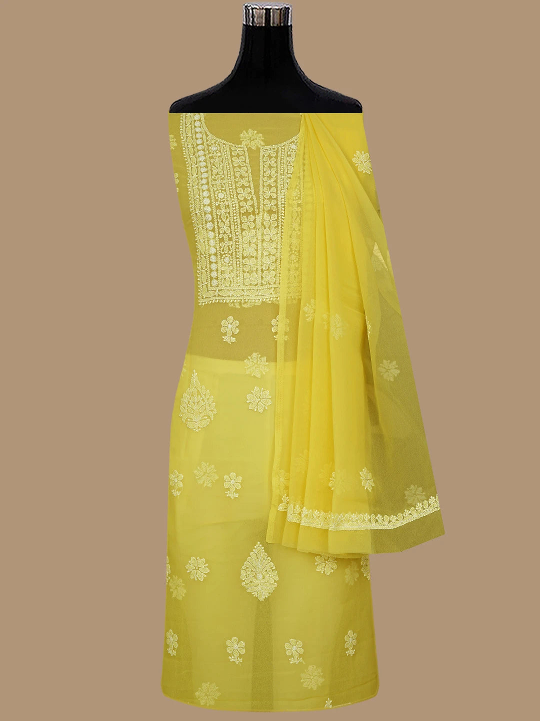 Ada Hand Embroidered Yellow Georgette Lucknowi Chikankari Unstitched Suit Piece 01A867457