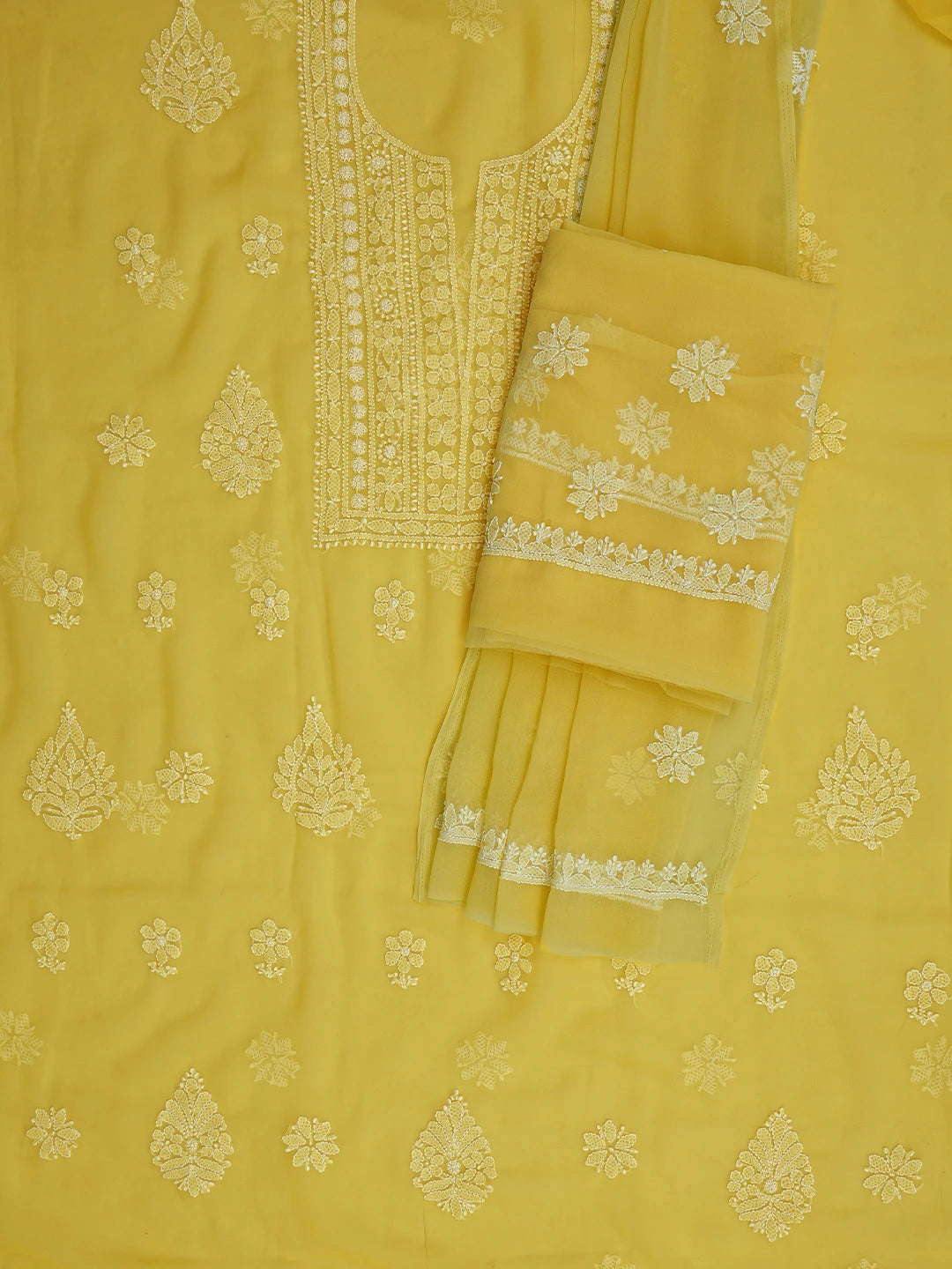 Ada Hand Embroidered Yellow Georgette Lucknowi Chikankari Unstitched Suit Piece 01A867457