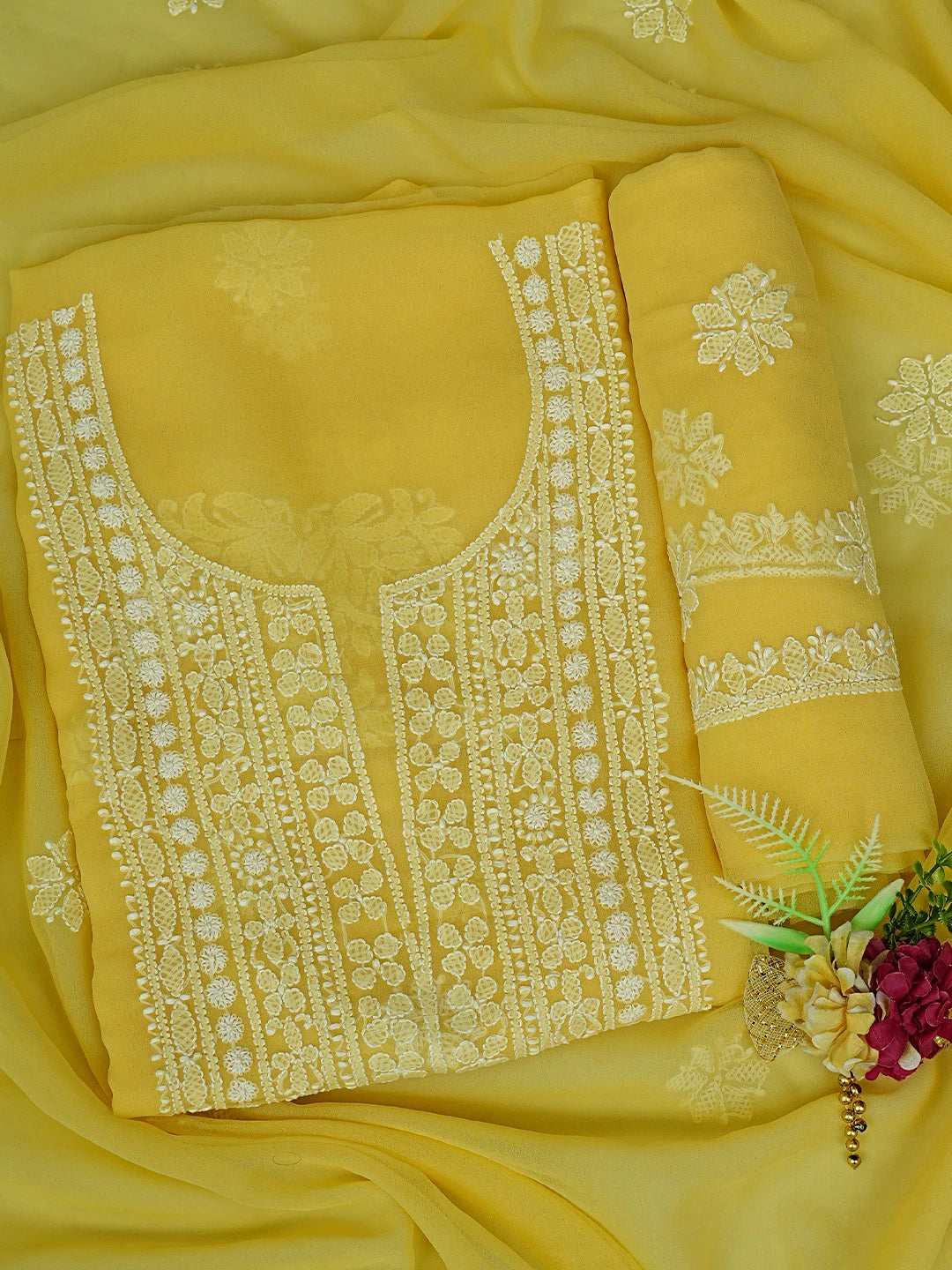 Ada Hand Embroidered Yellow Georgette Lucknowi Chikankari Unstitched Suit Piece 01A867457