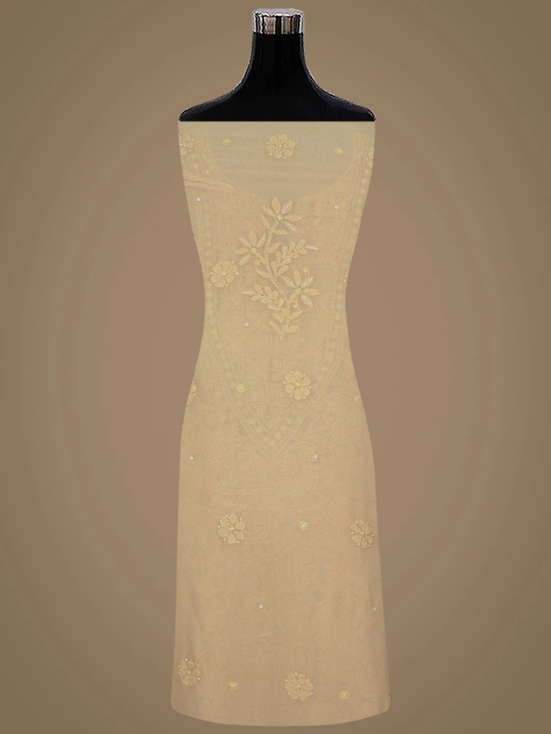 Ada Hand Embroidered Buff Brown Viscose Georgette Lucknowi Chikankari Unstitched Kurta Dupatta Set With Pearl Work 01A809581