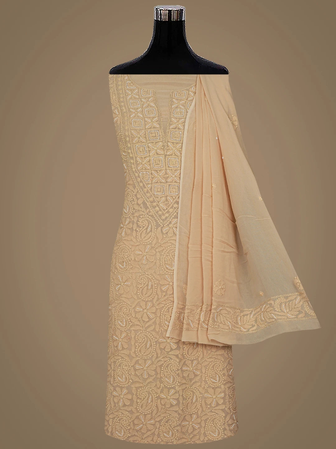 Ada Hand Embroidered Buff Brown Viscose Georgette Lucknowi Chikankari Unstitched Kurta Dupatta Set With Pearl Work 01A809581