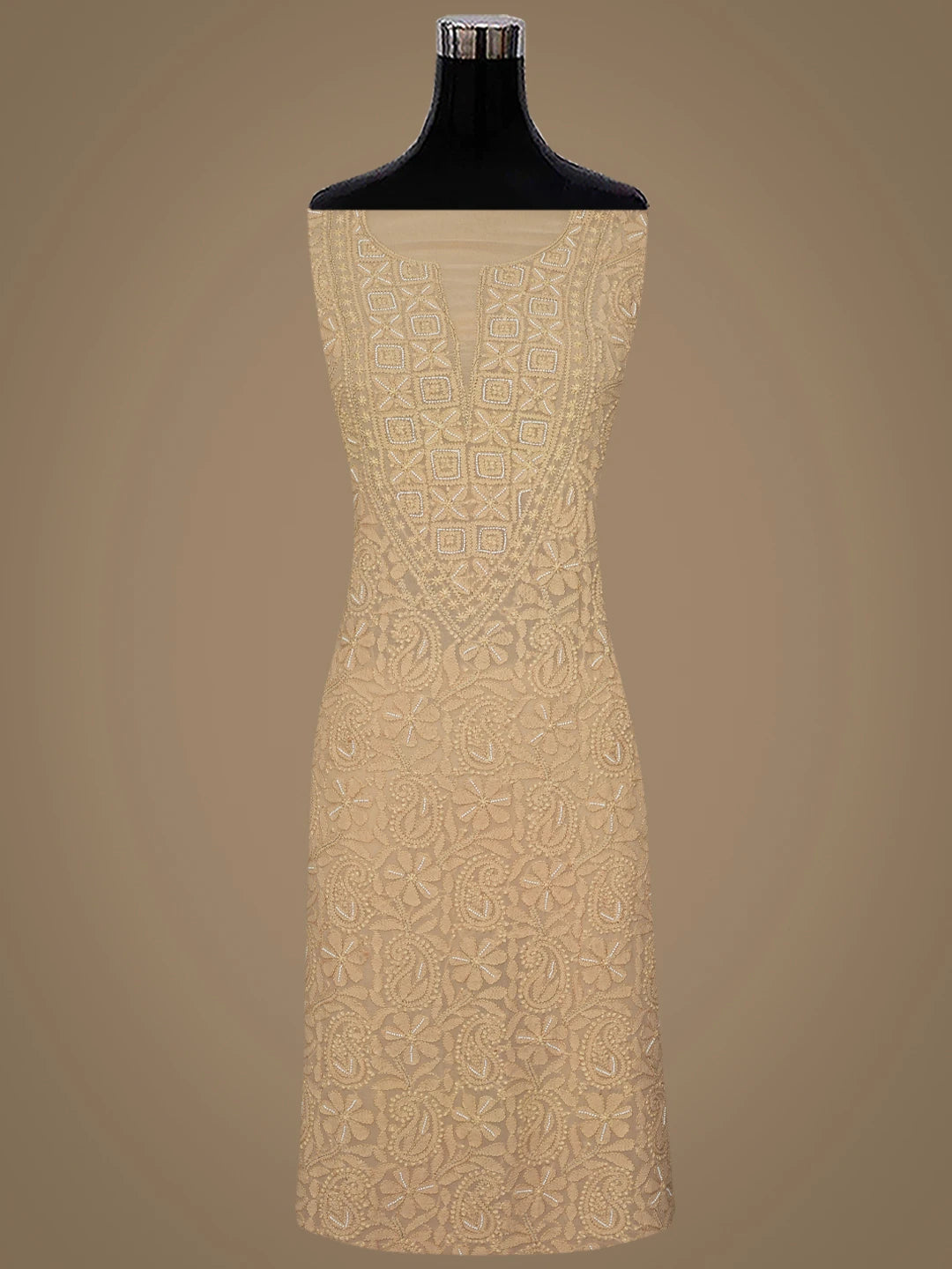 Ada Hand Embroidered Buff Brown Viscose Georgette Lucknowi Chikankari Unstitched Kurta Dupatta Set With Pearl Work 01A809581