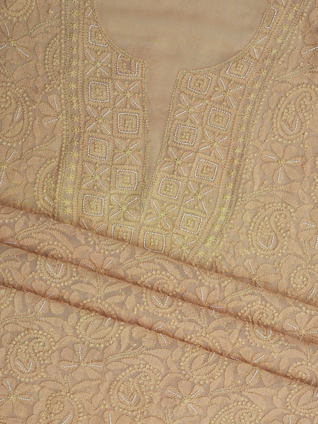 Ada Hand Embroidered Buff Brown Viscose Georgette Lucknowi Chikankari Unstitched Kurta Dupatta Set With Pearl Work 01A809581
