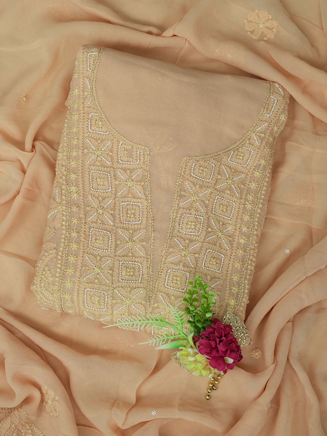Ada Hand Embroidered Buff Brown Viscose Georgette Lucknowi Chikankari Unstitched Kurta Dupatta Set With Pearl Work 01A809581