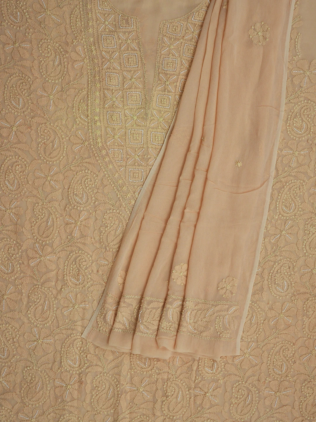 Ada Hand Embroidered Buff Brown Viscose Georgette Lucknowi Chikankari Unstitched Kurta Dupatta Set With Pearl Work 01A809581