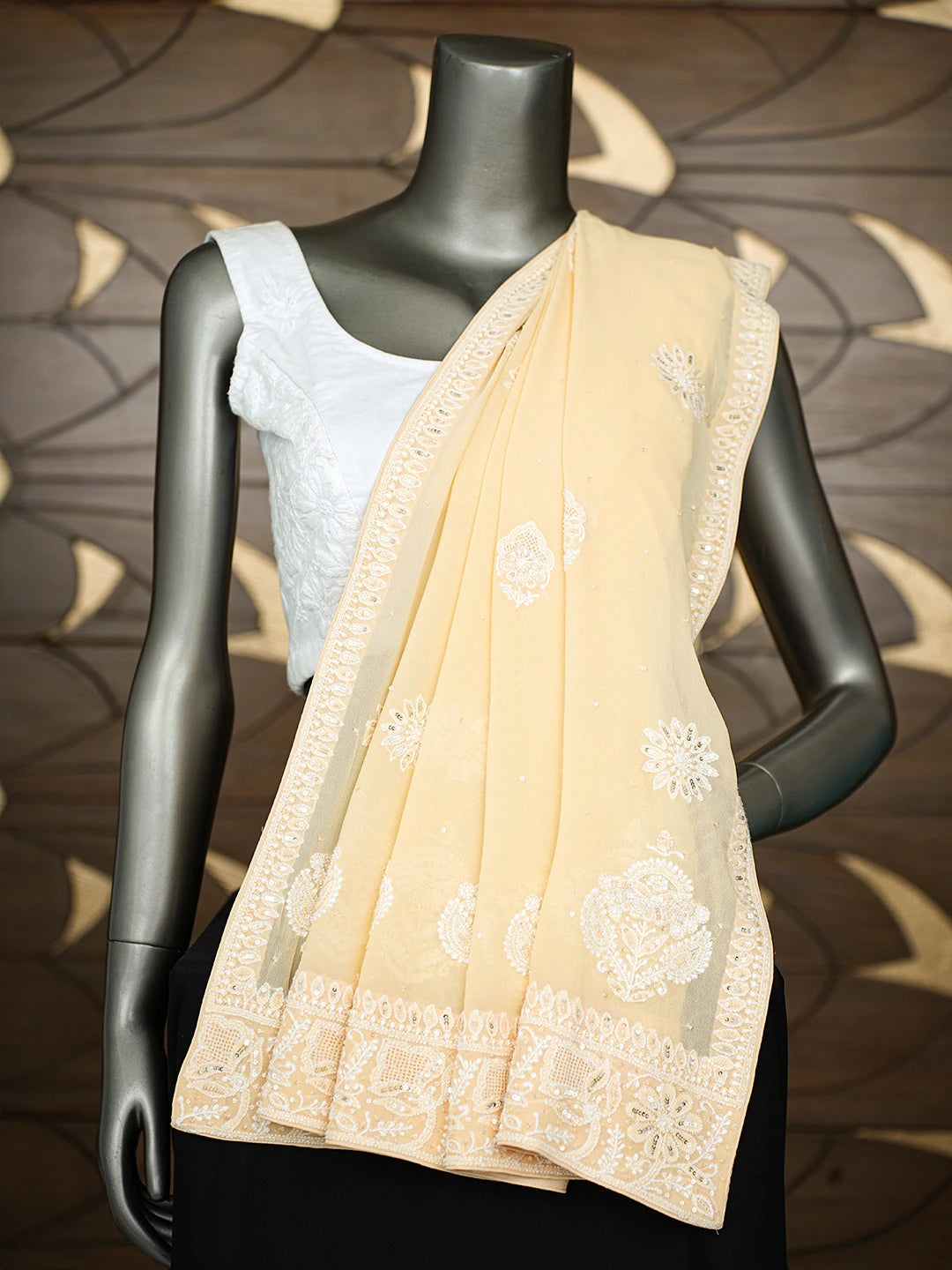 Ada Hand Embroidered Beige Pure Georgette Lucknowi Chikankari Dupatta With Cutdana Work 01A712989