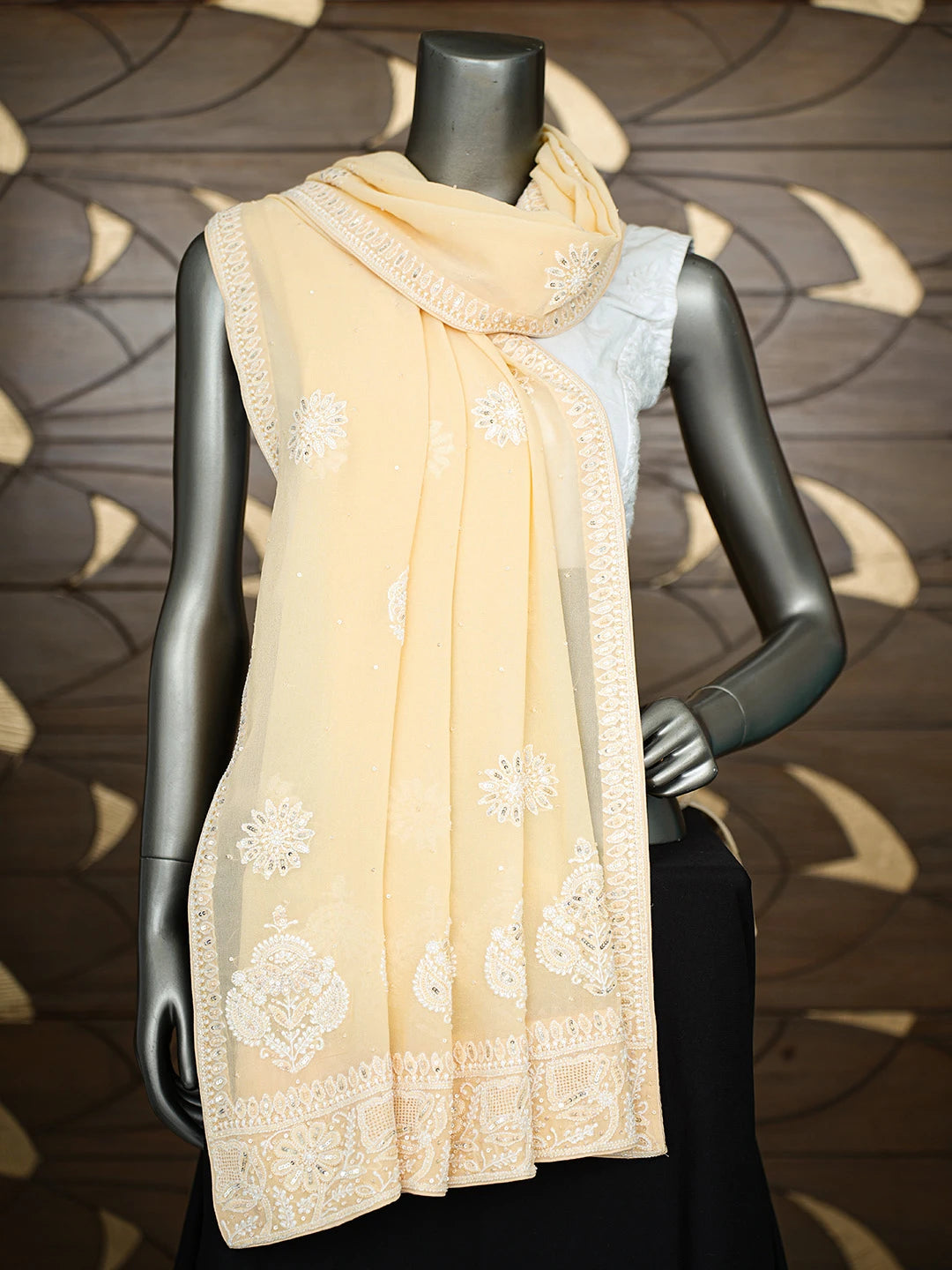 Ada Hand Embroidered Beige Pure Georgette Lucknowi Chikankari Dupatta With Cutdana Work 01A712989