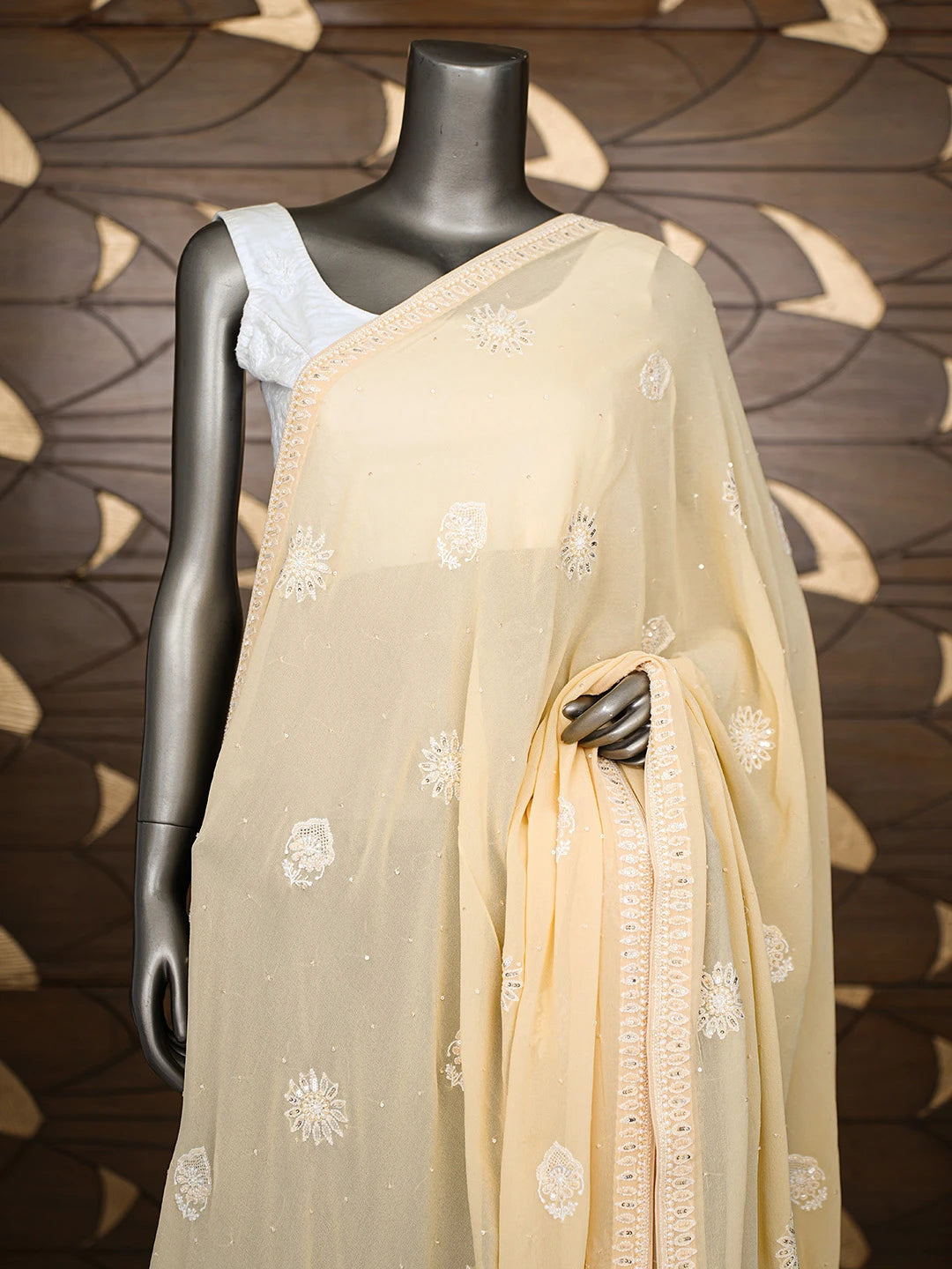 Ada Hand Embroidered Beige Pure Georgette Lucknowi Chikankari Dupatta With Cutdana Work 01A712989