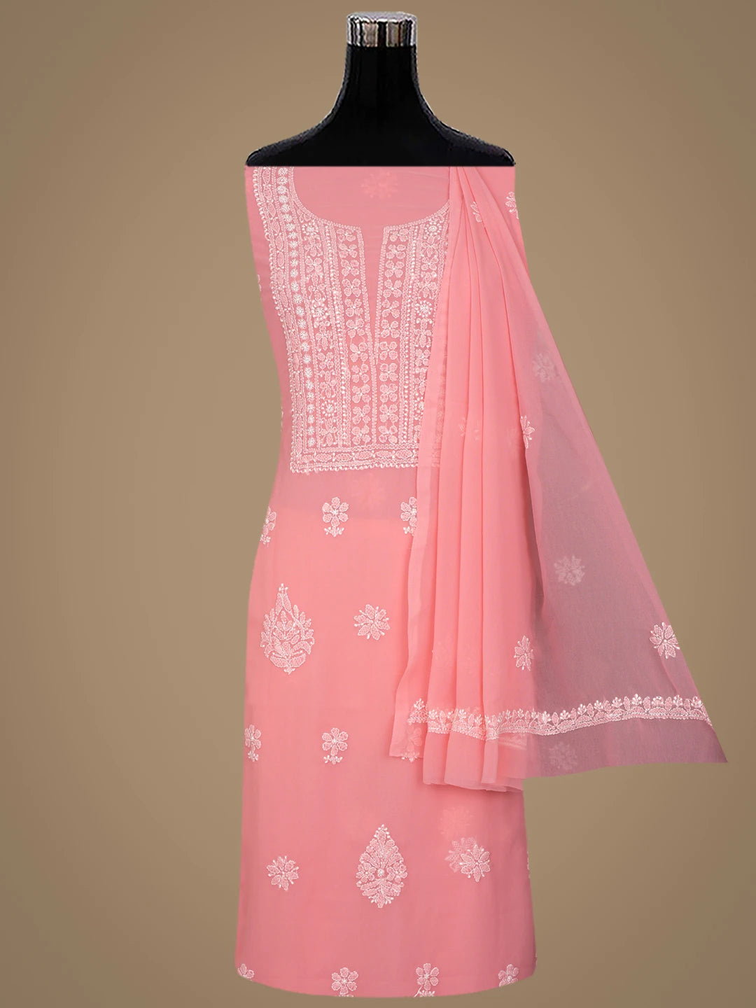 Ada Hand Embroidered Georgia Peach Georgette Lucknowi Chikankari Unstitched Suit Piece 01A867460