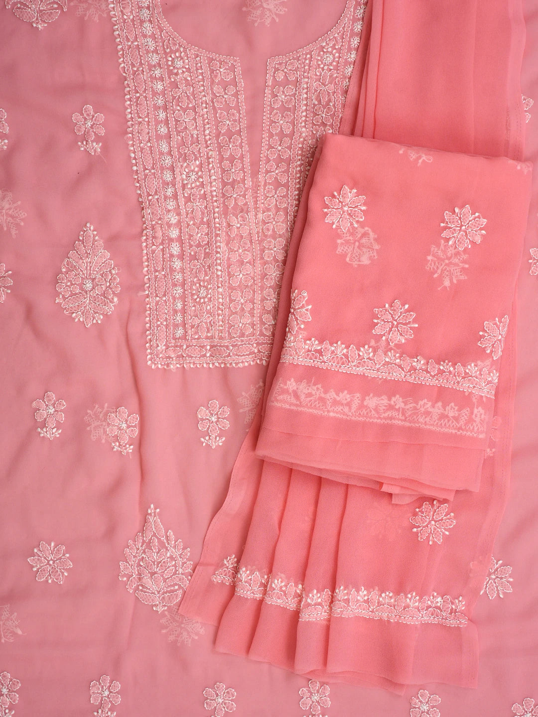 Ada Hand Embroidered Georgia Peach Georgette Lucknowi Chikankari Unstitched Suit Piece 01A867460