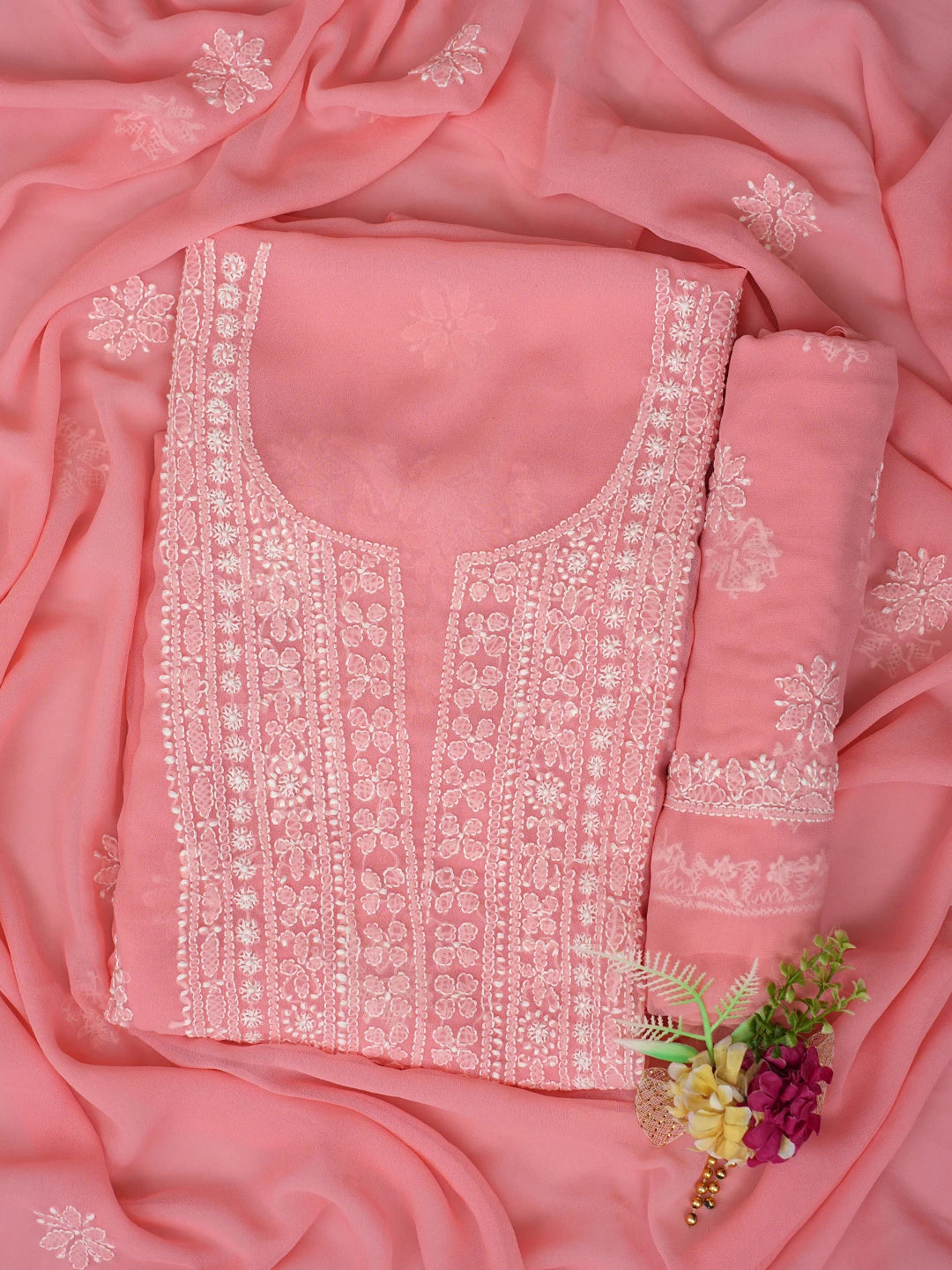 Ada Hand Embroidered Georgia Peach Georgette Lucknowi Chikankari Unstitched Suit Piece 01A867460