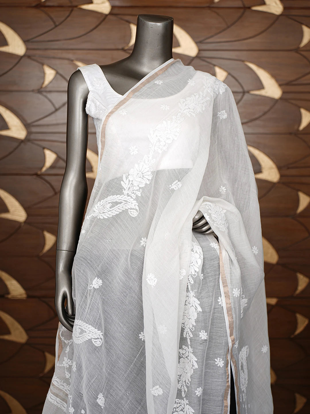 Ada Hand Embroidered White Chanderi Lucknowi Chikankari Dupatta 01A865991