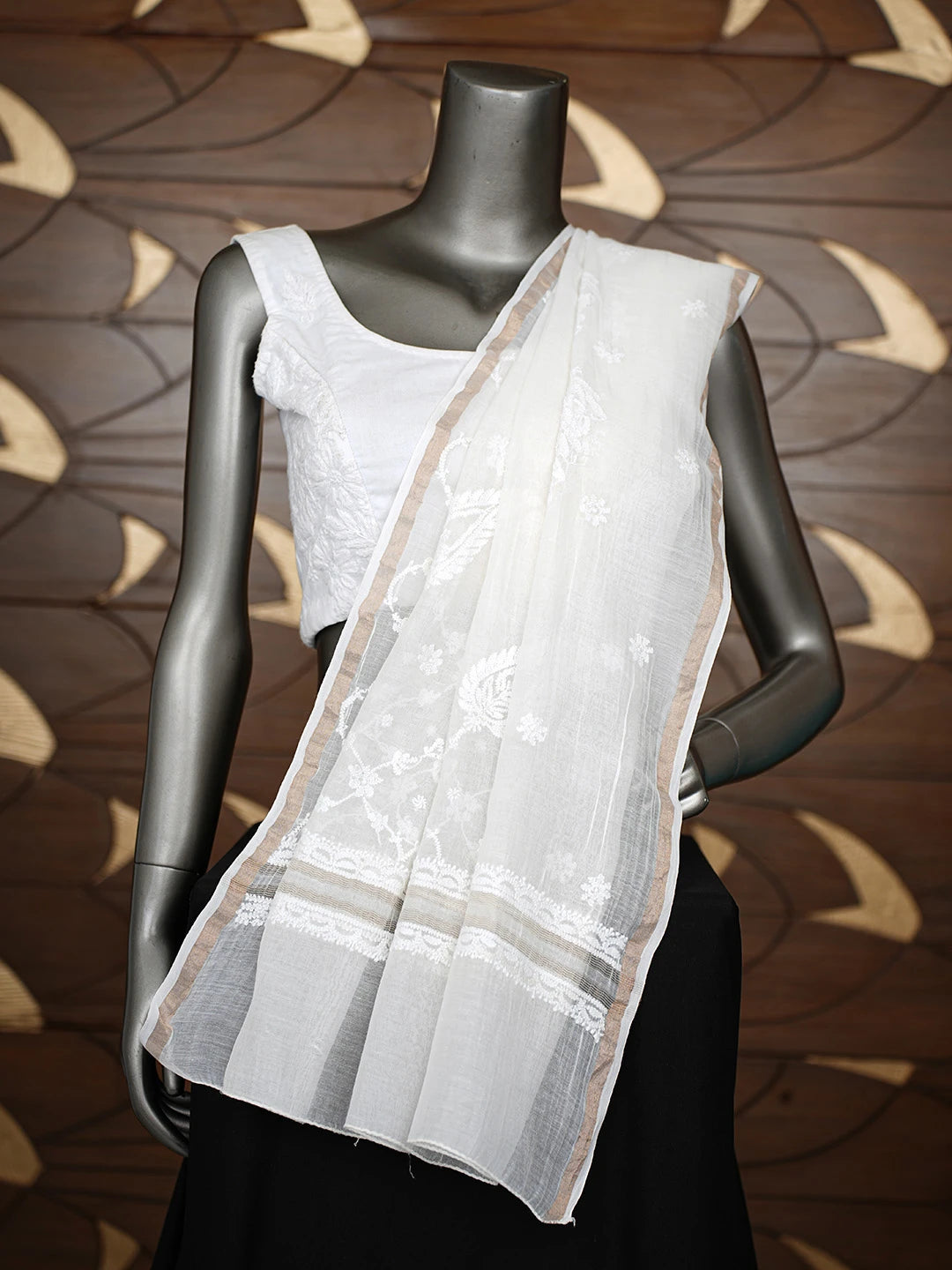 Ada Hand Embroidered White Chanderi Lucknowi Chikankari Dupatta 01A865991