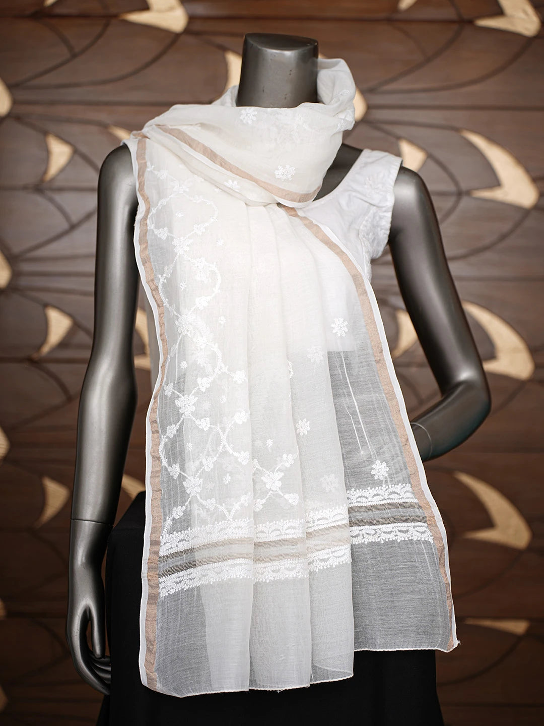 Ada Hand Embroidered White Chanderi Lucknowi Chikankari Dupatta 01A865991