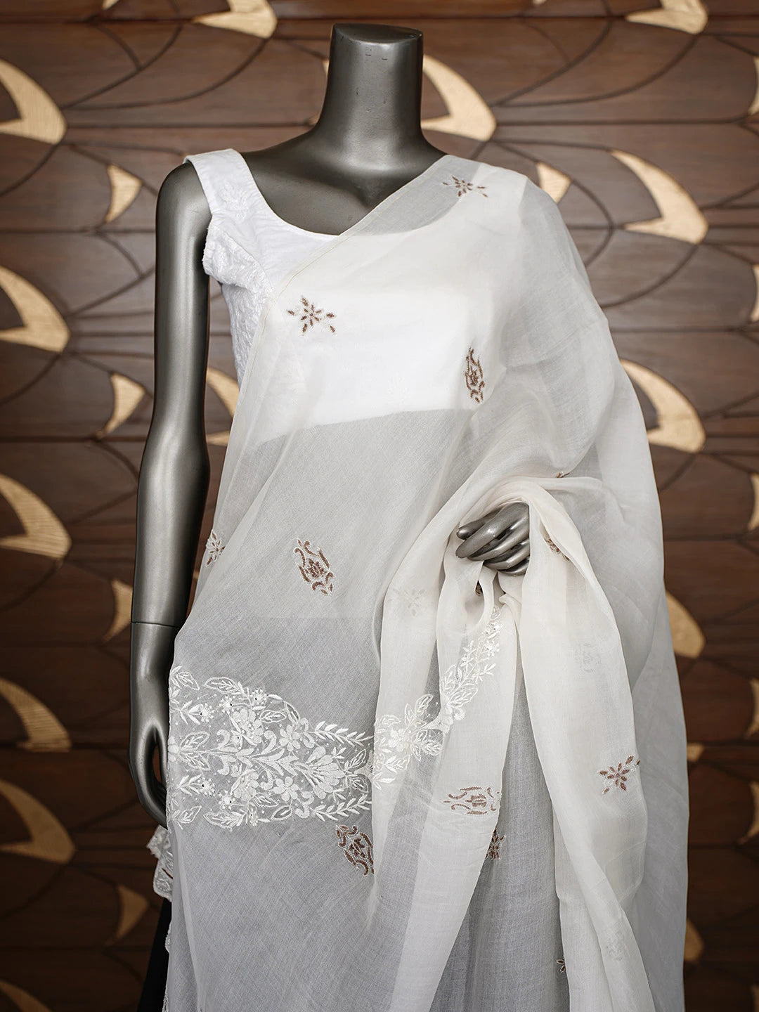 Ada Hand Embroidered White Organza Lucknowi Chikankari Dupatta With Sequinned Work 01A761529