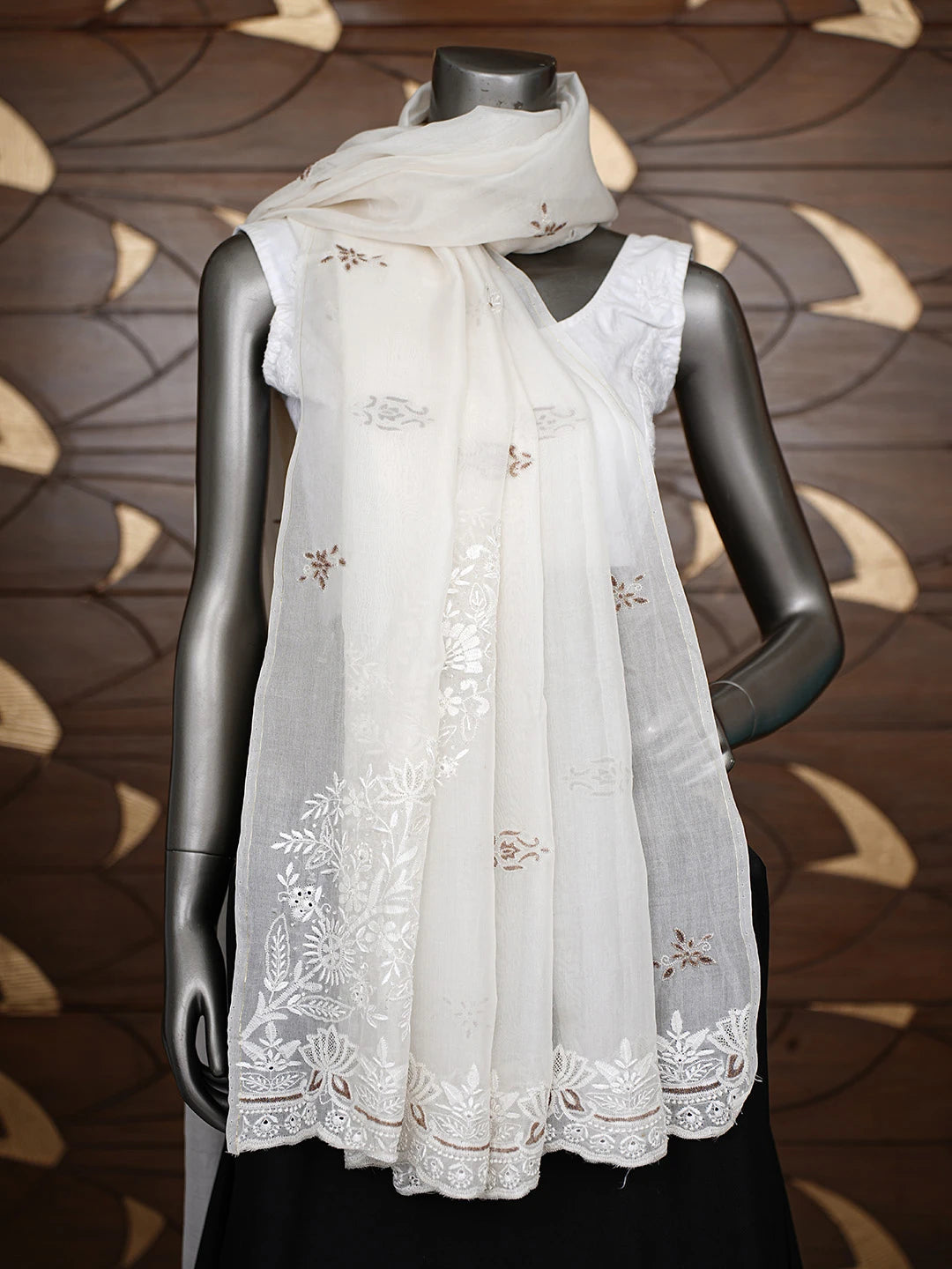 Ada Hand Embroidered White Organza Lucknowi Chikankari Dupatta With Sequinned Work 01A761529
