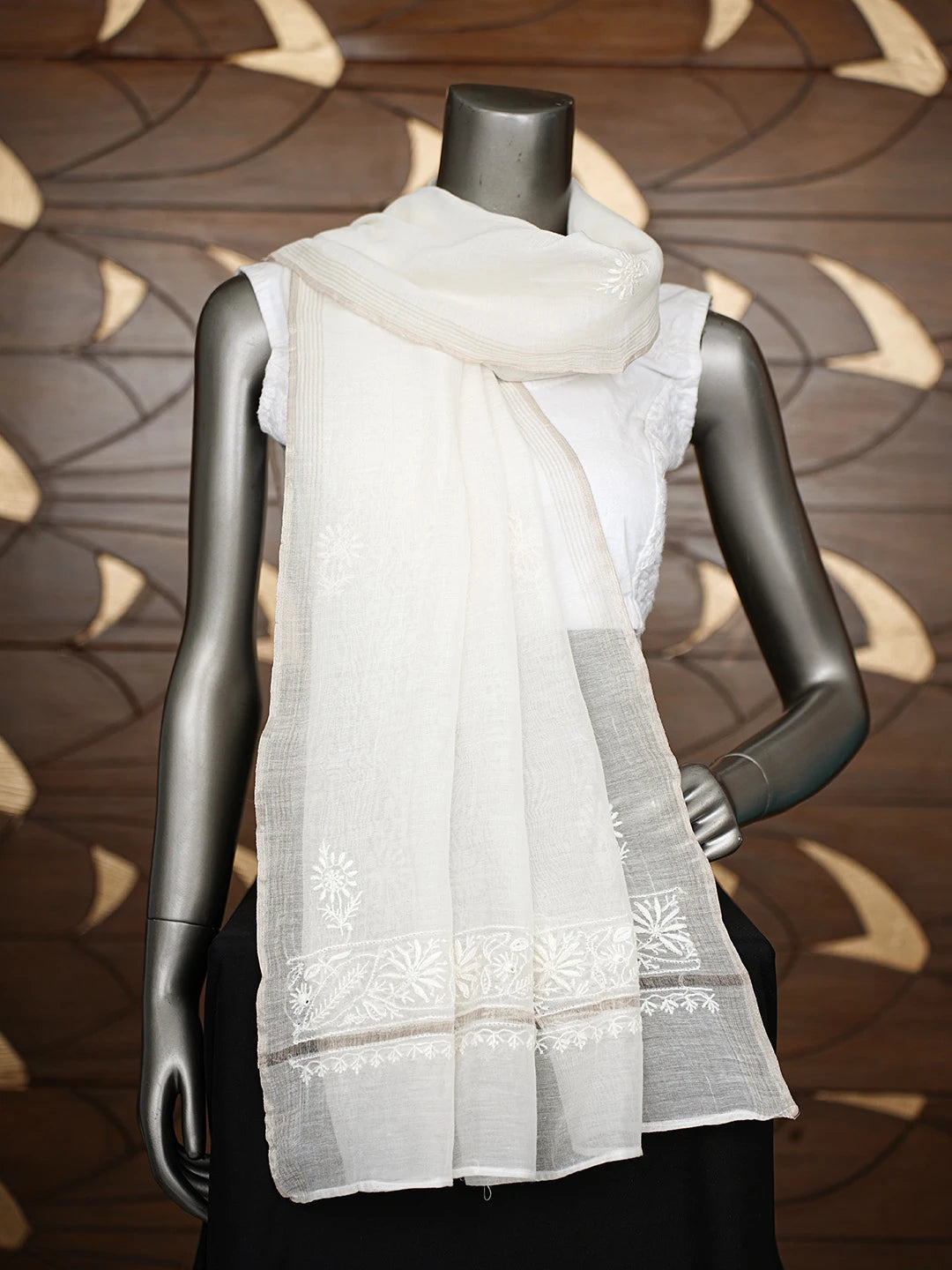 Ada Hand Embroidered White Chanderi Lucknowi Chikankari Dupatta 01A860025