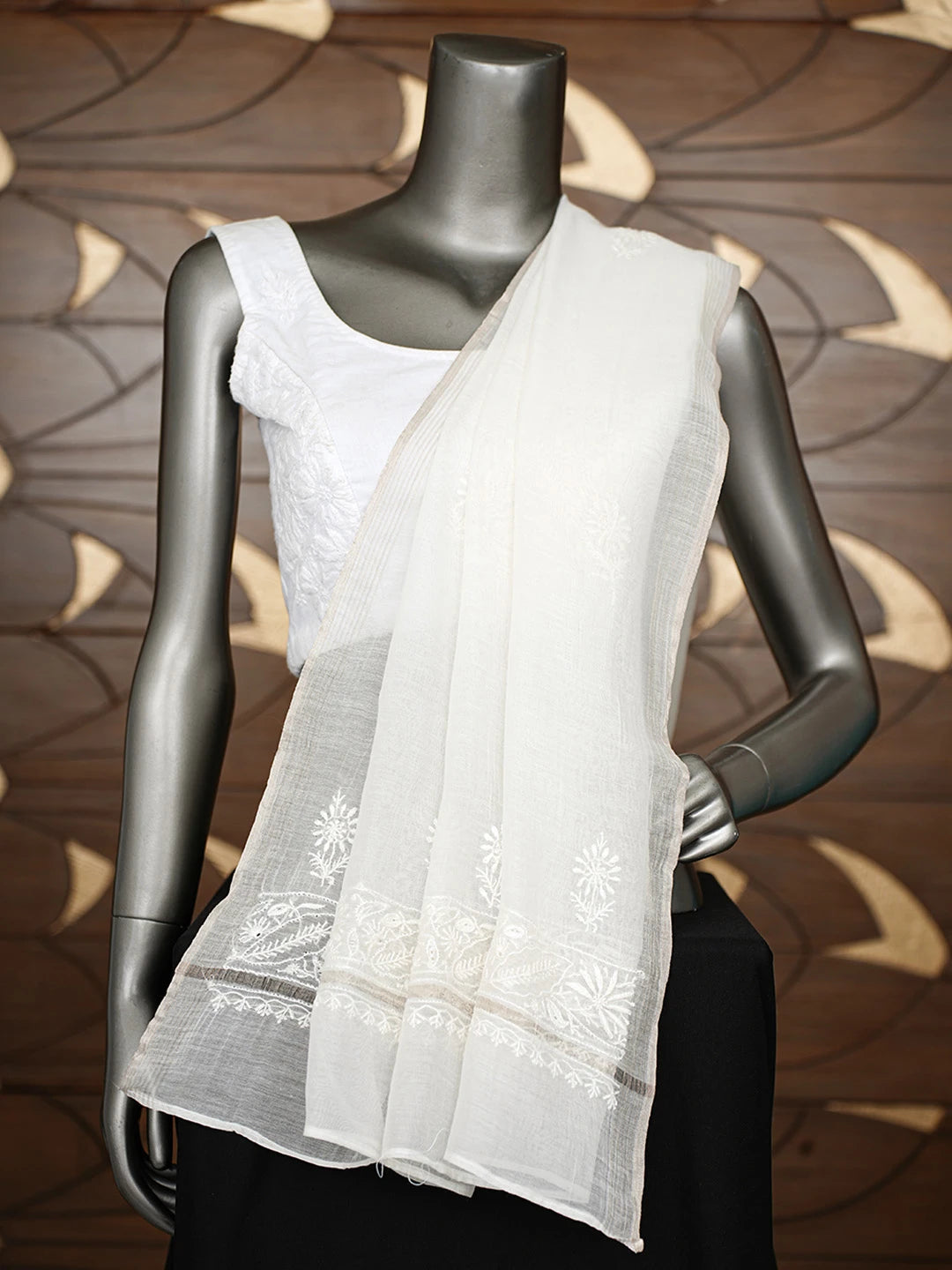 Ada Hand Embroidered White Chanderi Lucknowi Chikankari Dupatta 01A860025