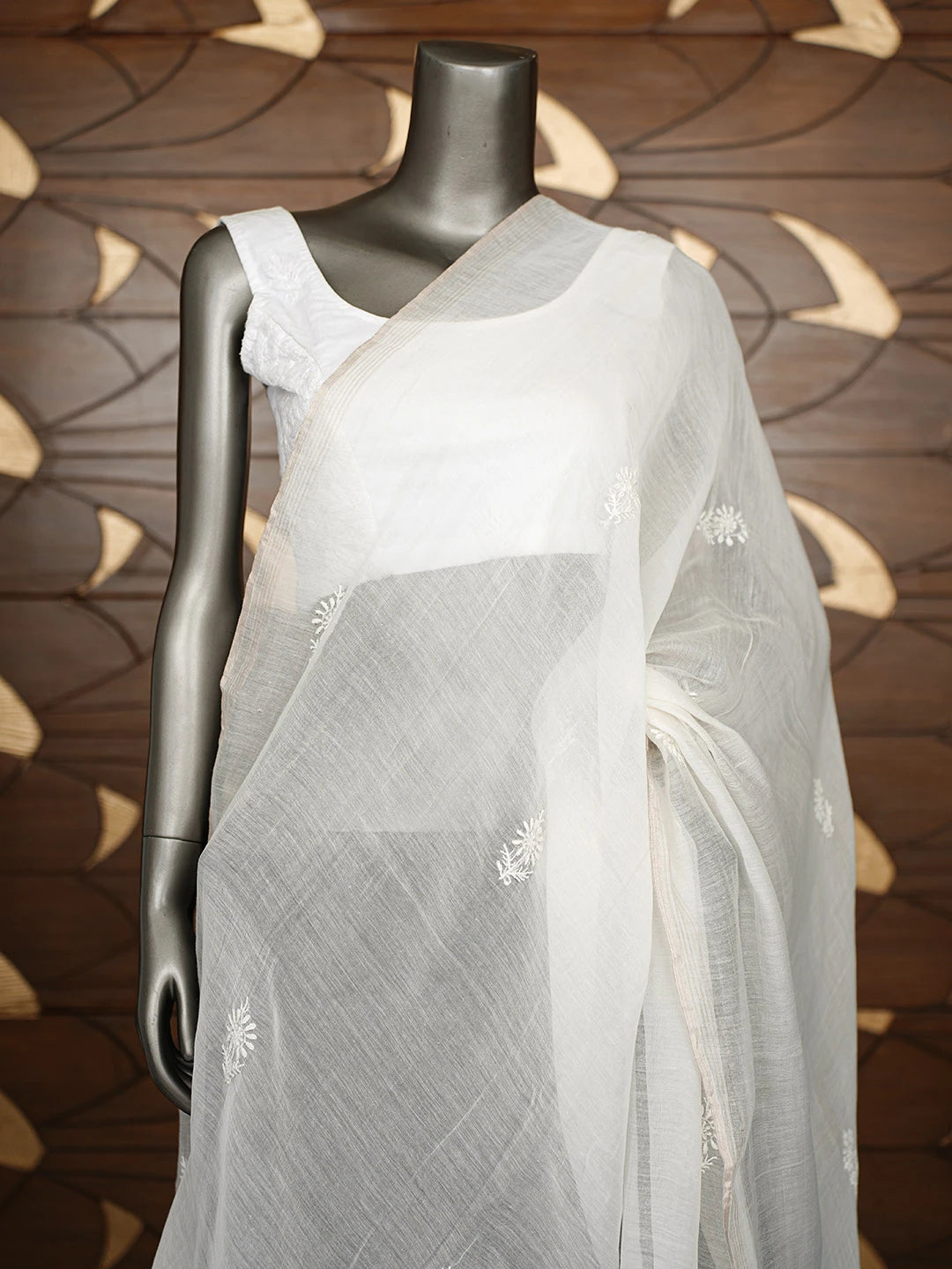 Ada Hand Embroidered White Chanderi Lucknowi Chikankari Dupatta 01A860025