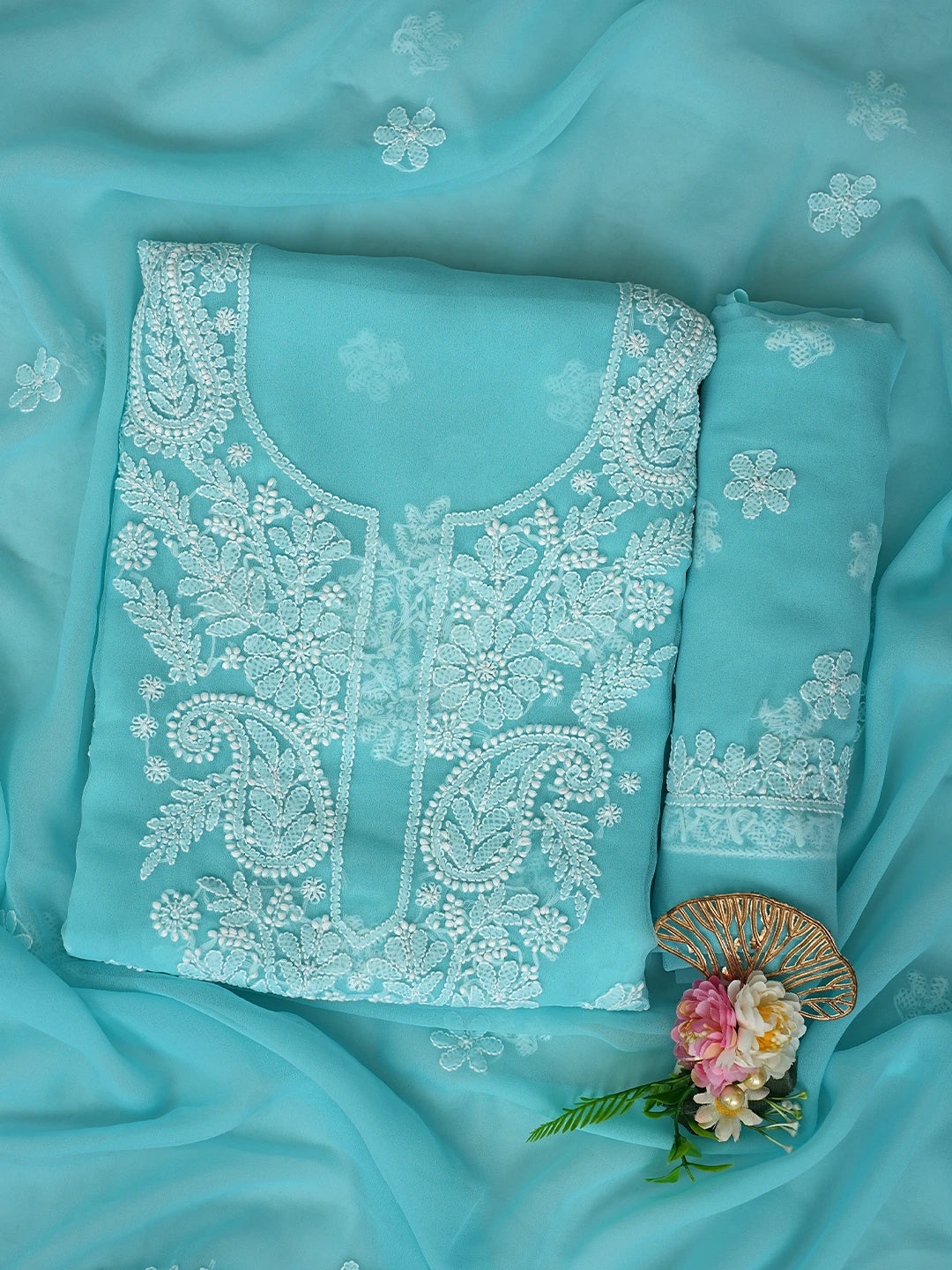 Ada Hand Embroidered Cyon Blue Georgette Lucknowi Chikankari Unstitched Suit Piece 01A867421