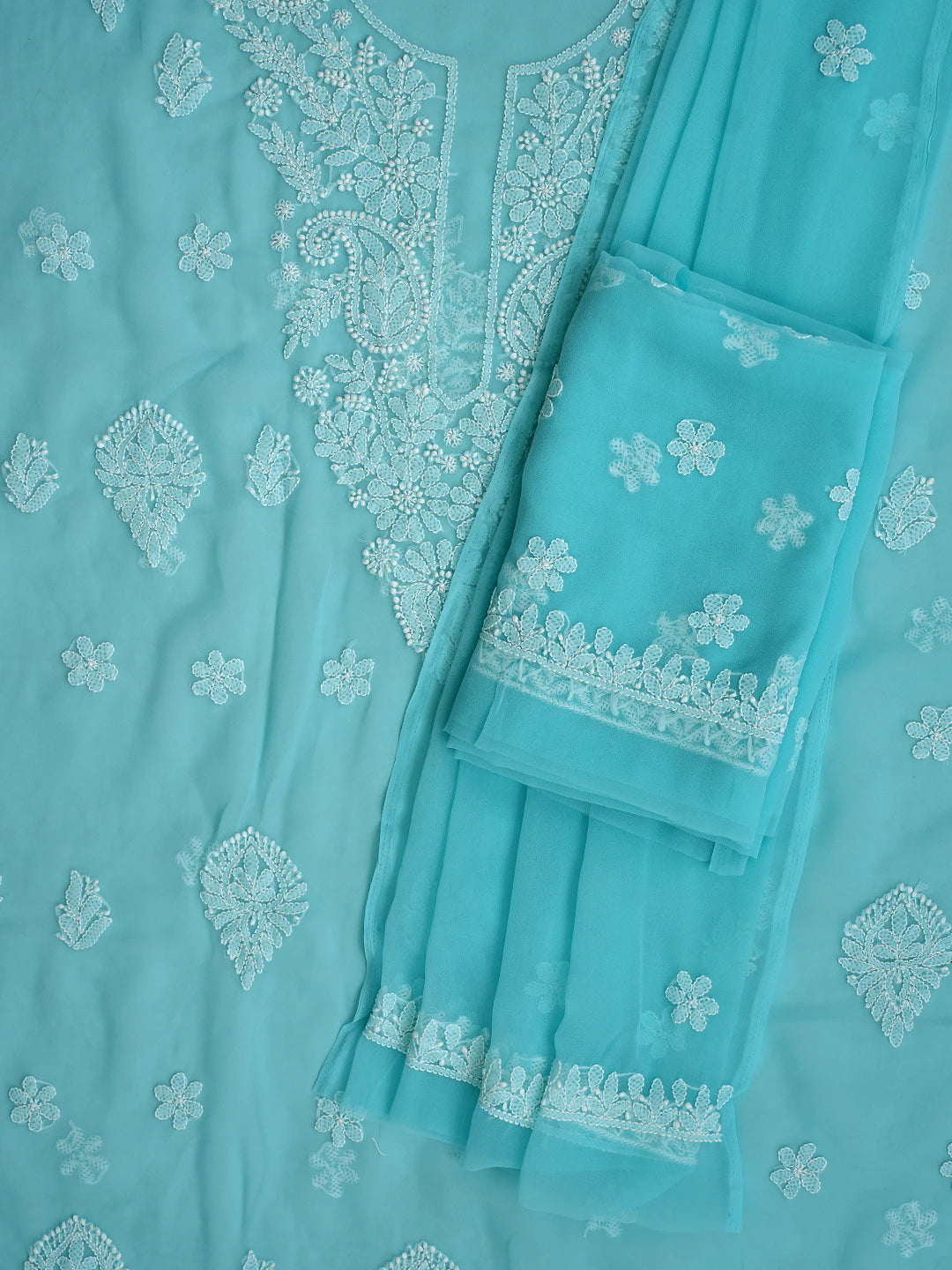 Ada Hand Embroidered Cyon Blue Georgette Lucknowi Chikankari Unstitched Suit Piece 01A867421