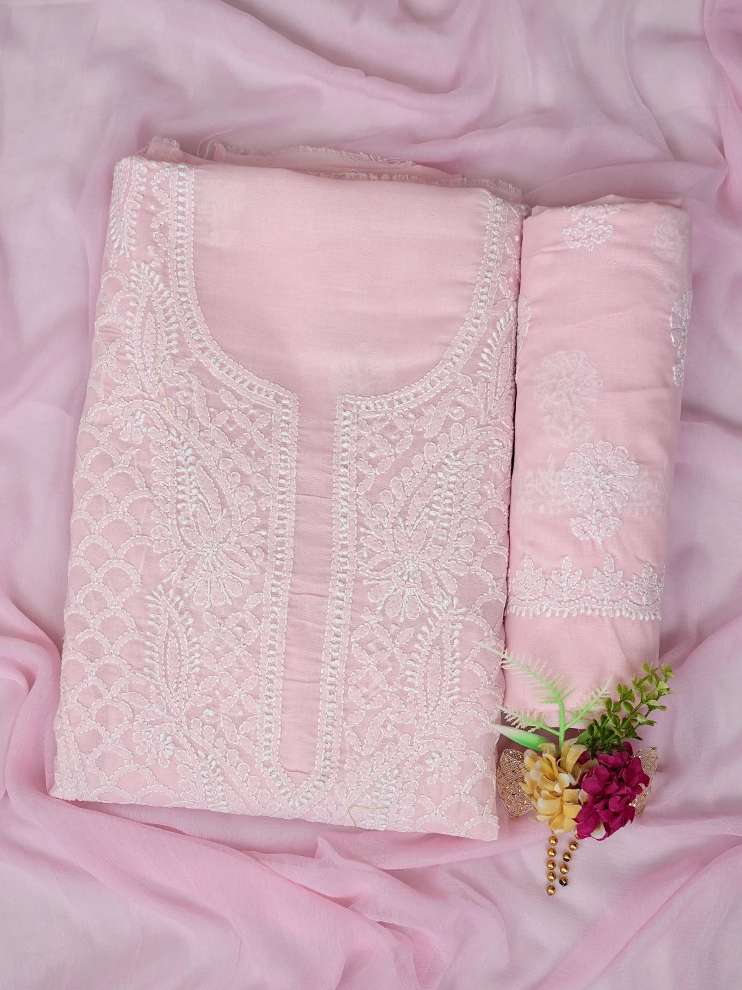 Ada Hand Embroidered Pink Cotton Lucknowi Chikankari Unstitched Suit Piece 01A867479