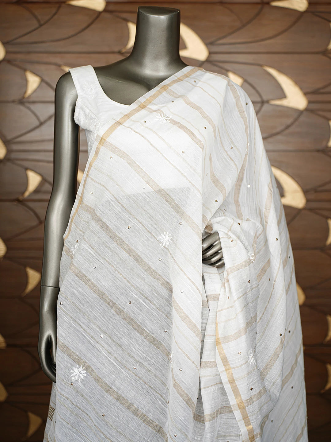 Ada Hand Embroidered White Chanderi Lucknowi Chikankari Dupatta With Mukaish Work 01A858124
