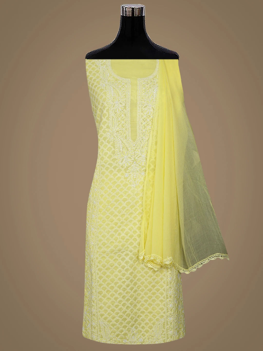 Ada Hand Embroidered Yellow Cotton Lucknowi Chikankari Unstitched Suit Piece 01A867474