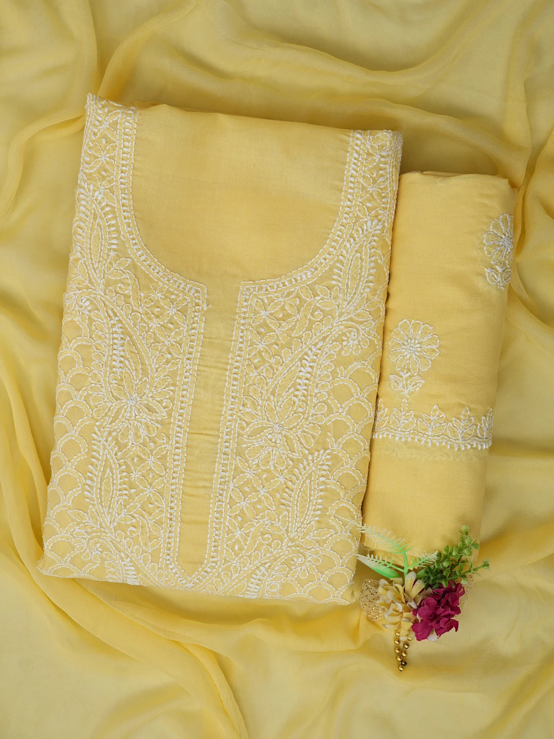 Ada Hand Embroidered Yellow Cotton Lucknowi Chikankari Unstitched Suit Piece 01A867474