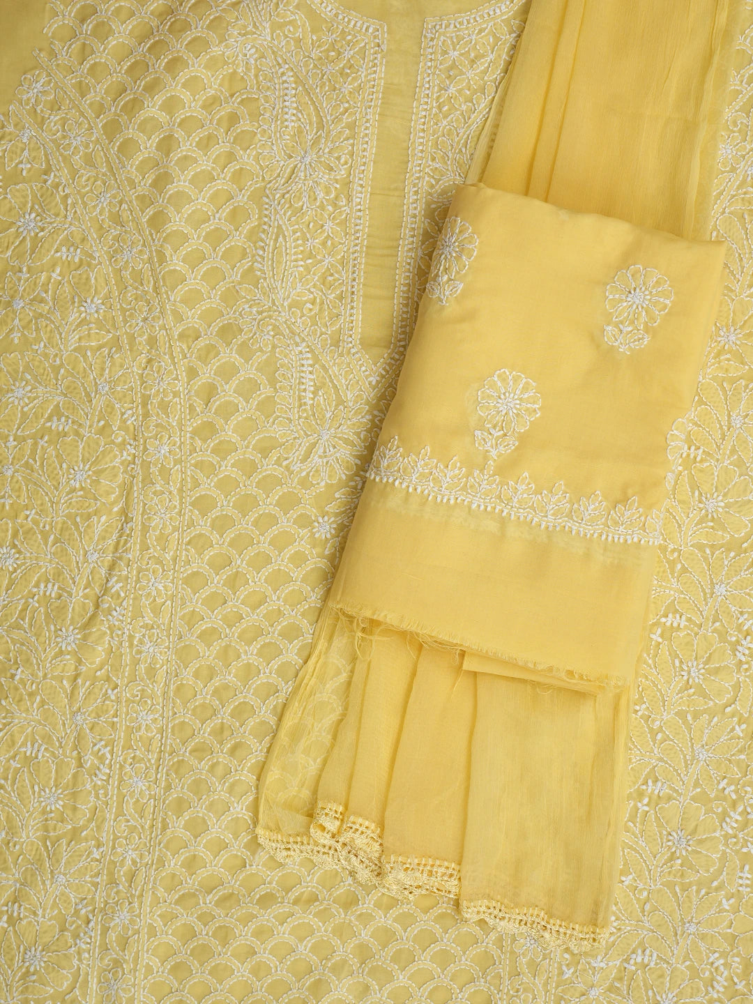 Ada Hand Embroidered Yellow Cotton Lucknowi Chikankari Unstitched Suit Piece 01A867474