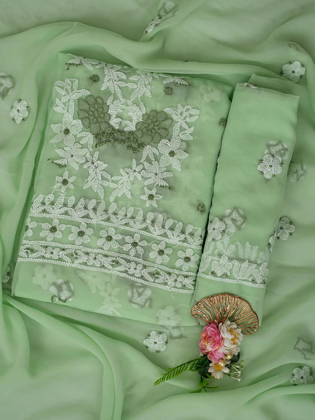 Ada Hand Embroidered Mint Green Georgette Lucknowi Chikankari Unstitched Suit Piece 01A867448