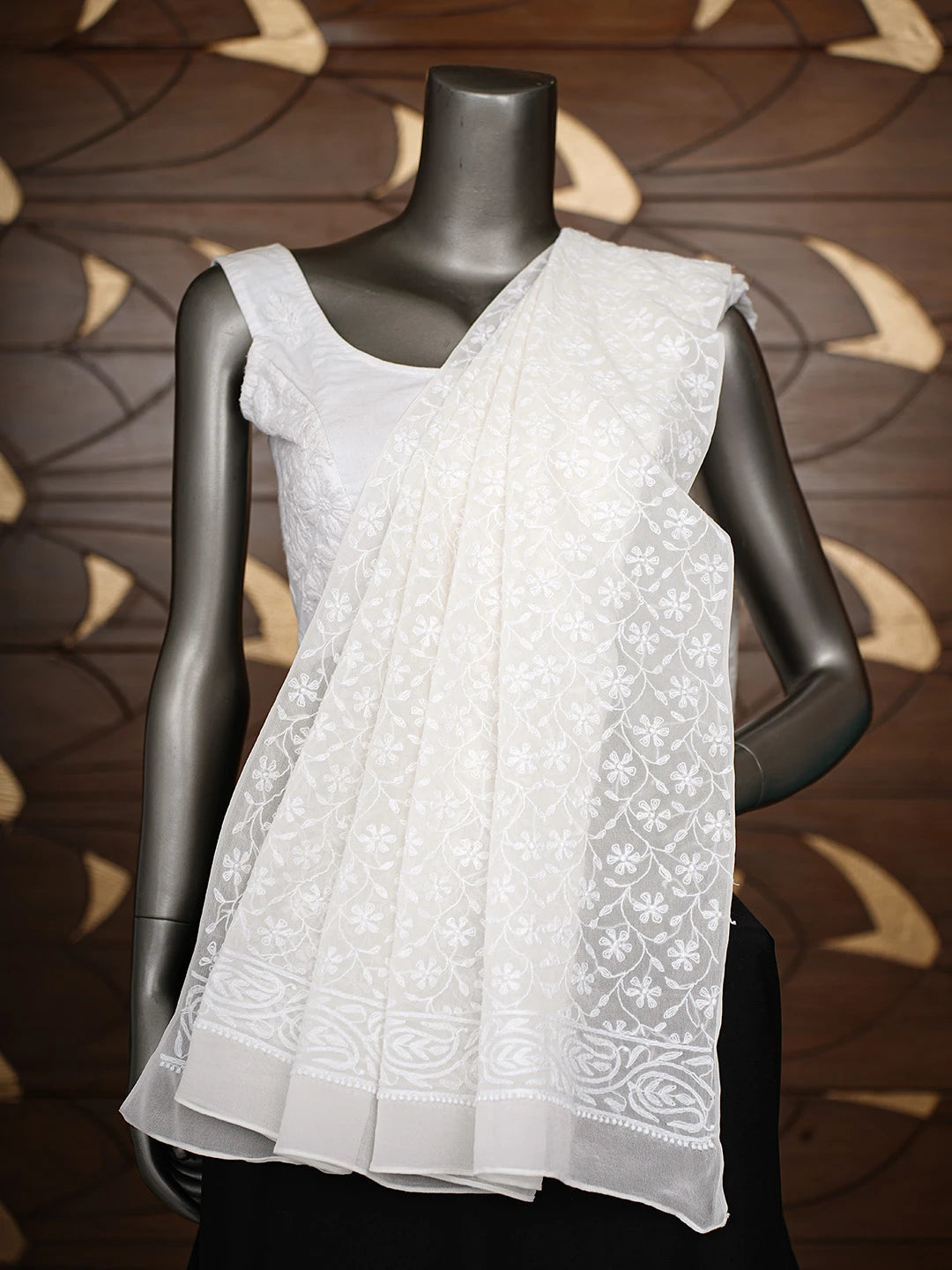Ada Hand Embroidered White Pure Georgette Lucknowi Chikankari Dupatta 01A672452