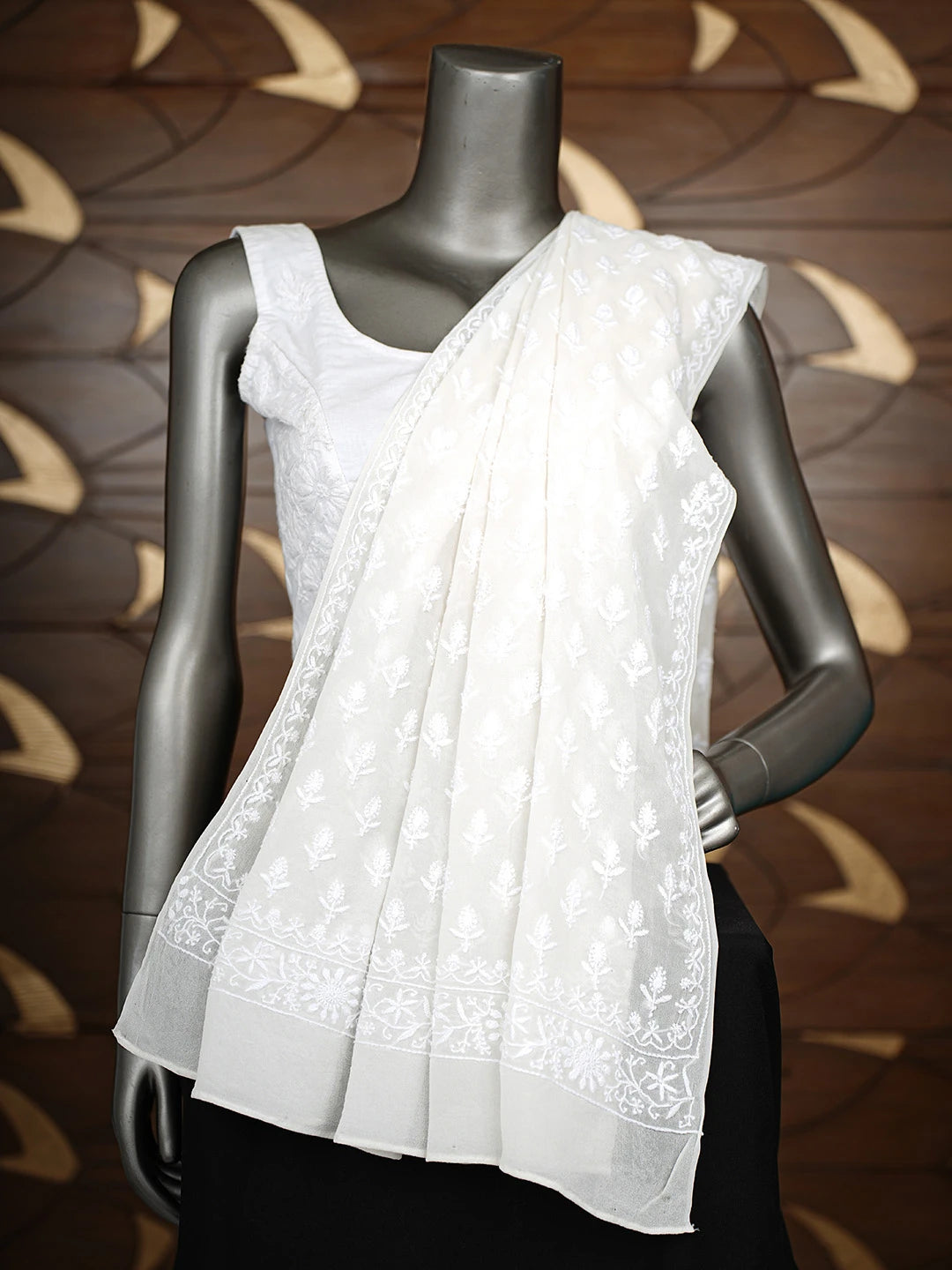 Ada Hand Embroidered White Pure Georgette Lucknowi Chikankari Dupatta 01A675709