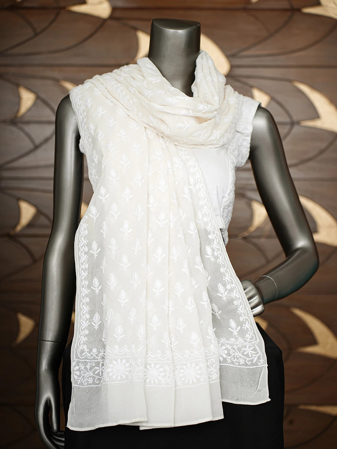 Ada Hand Embroidered White Pure Georgette Lucknowi Chikankari Dupatta 01A675709