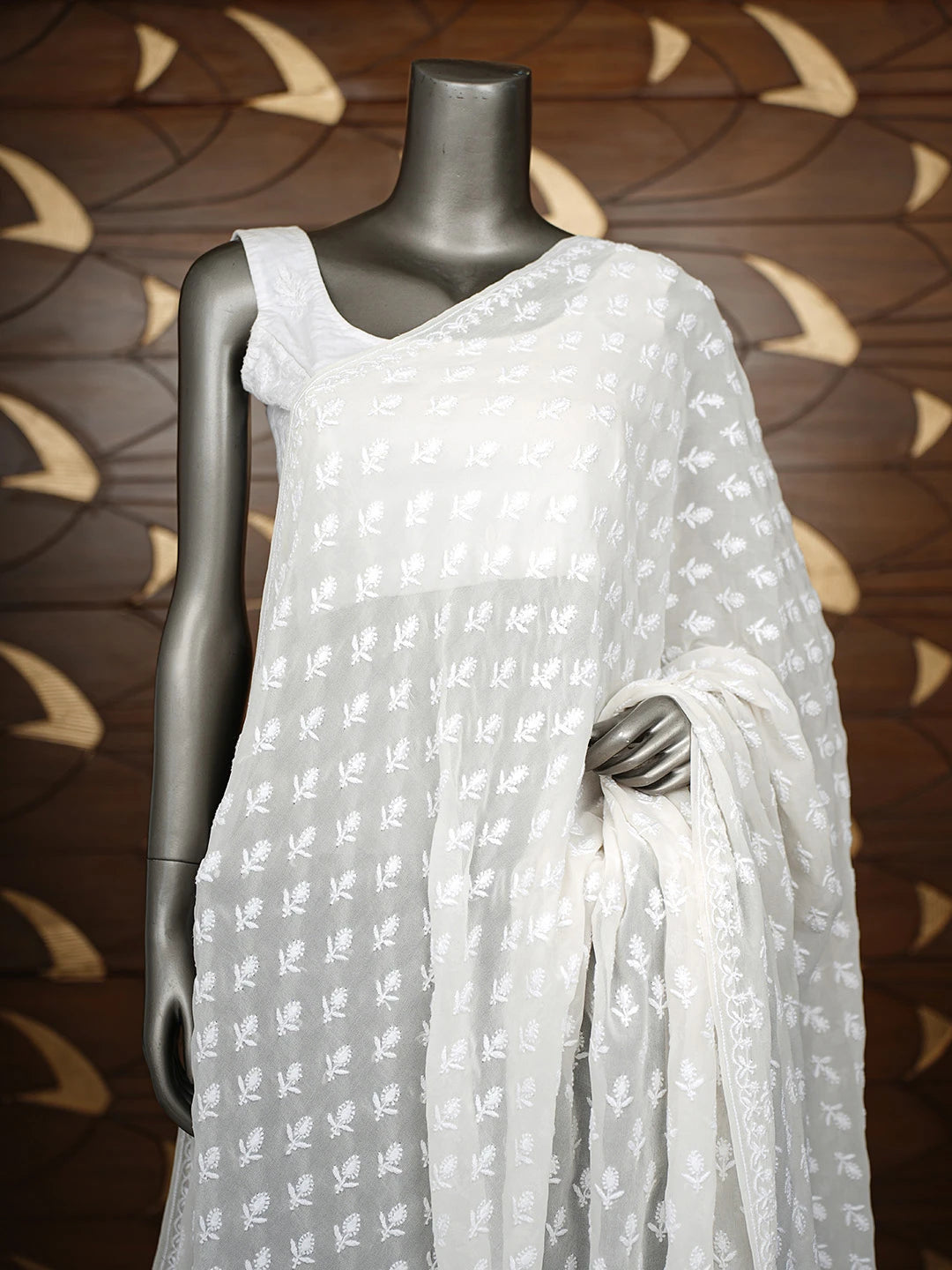 Ada Hand Embroidered White Pure Georgette Lucknowi Chikankari Dupatta 01A675709