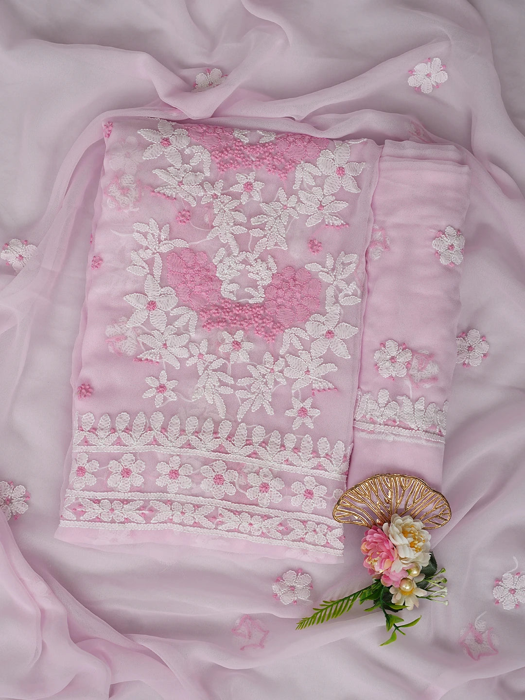 Ada Hand Embroidered Baby Pink Georgette Lucknowi Chikankari Unstitched Suit Piece 01A867449
