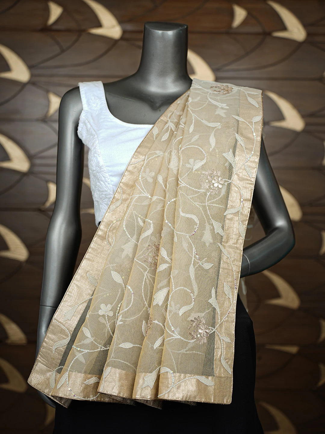 Ada Hand Embroidered Fawn Tissue Lucknowi Chikankari Dupatta With Sequinned Work 01A367905