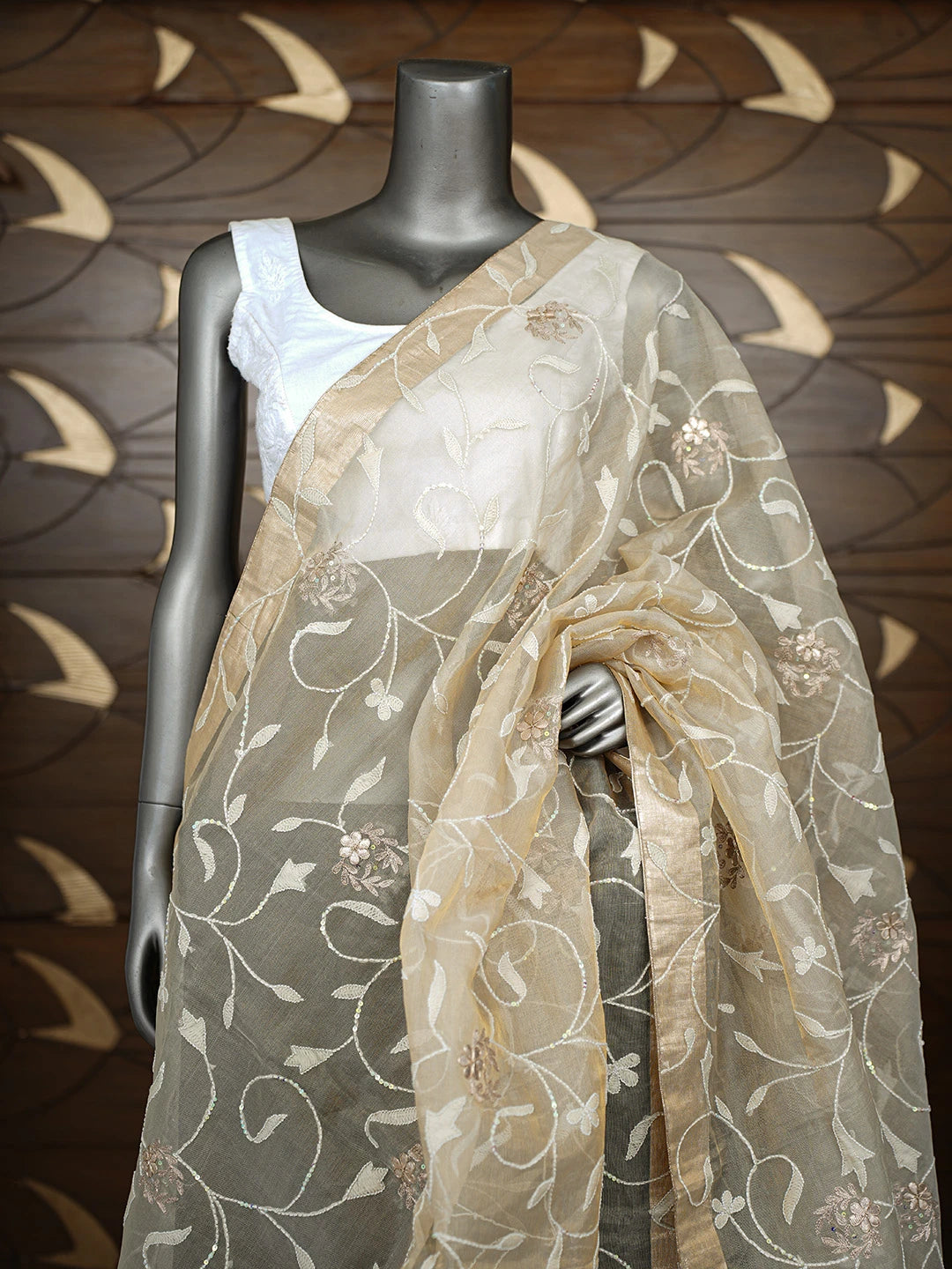 Ada Hand Embroidered Fawn Tissue Lucknowi Chikankari Dupatta With Sequinned Work 01A367905