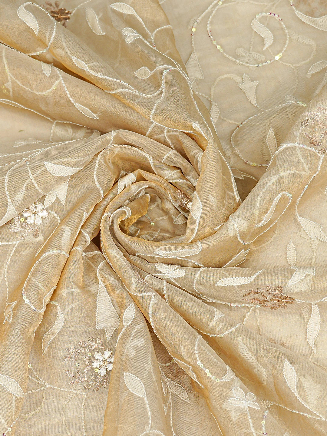 Ada Hand Embroidered Fawn Tissue Lucknowi Chikankari Dupatta With Sequinned Work 01A367905