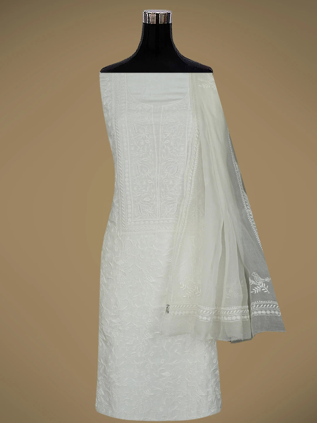 Ada Hand Embroidered White Silk Lucknowi Chikankari Unstitched Kurta Dupatta Set 01A760536