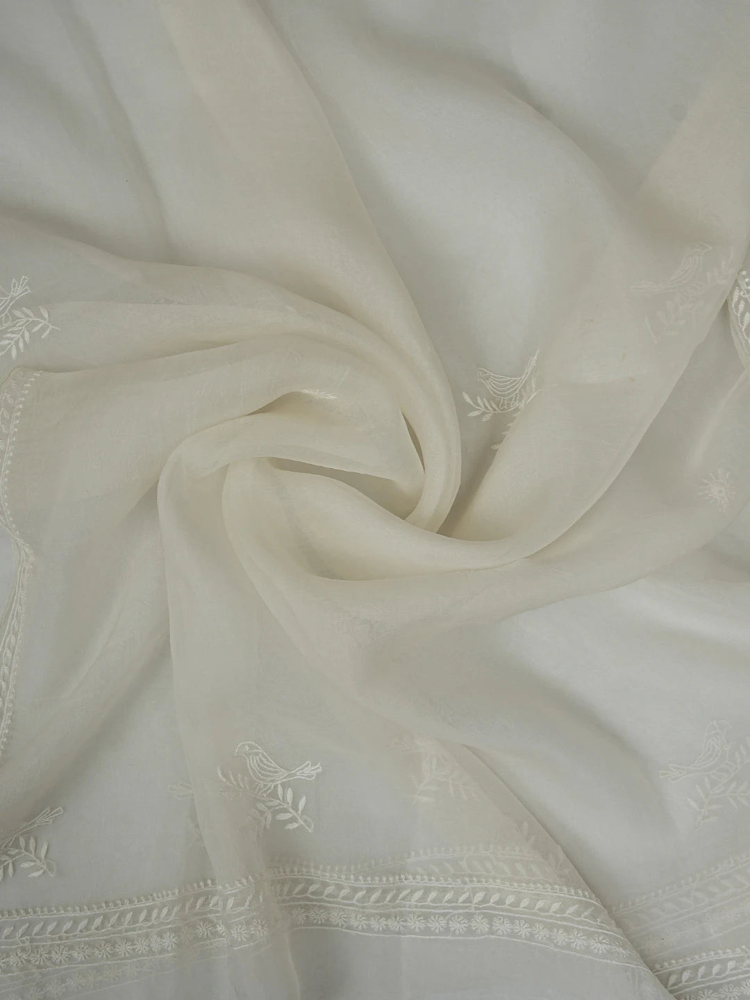 Ada Hand Embroidered White Silk Lucknowi Chikankari Unstitched Kurta Dupatta Set 01A760536