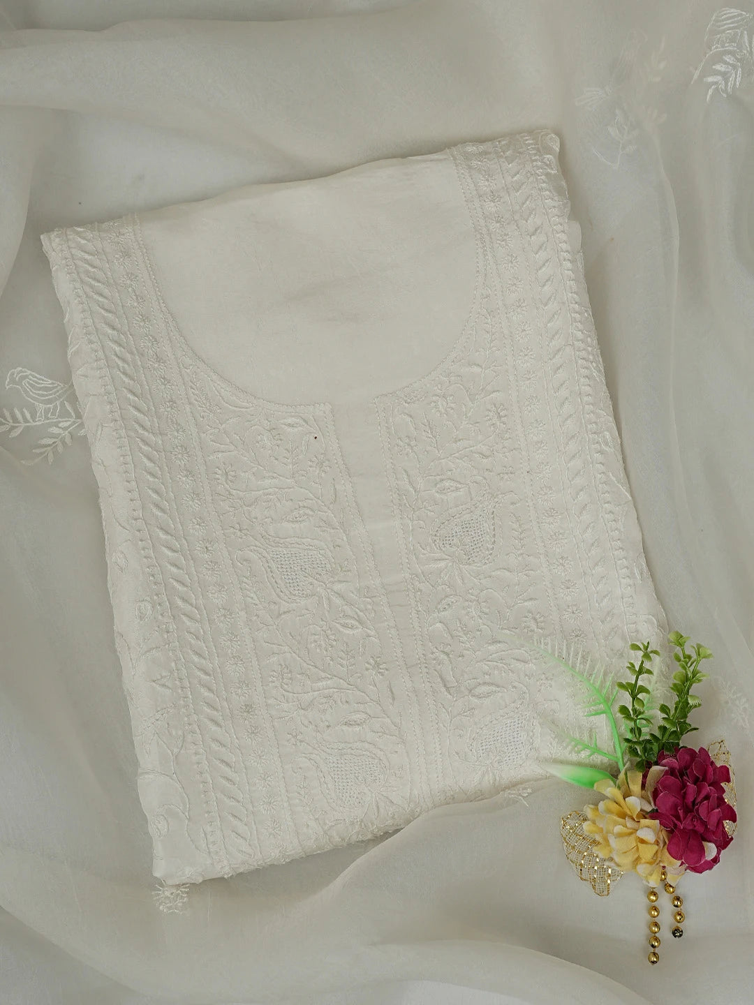 Ada Hand Embroidered White Silk Lucknowi Chikankari Unstitched Kurta Dupatta Set 01A760536