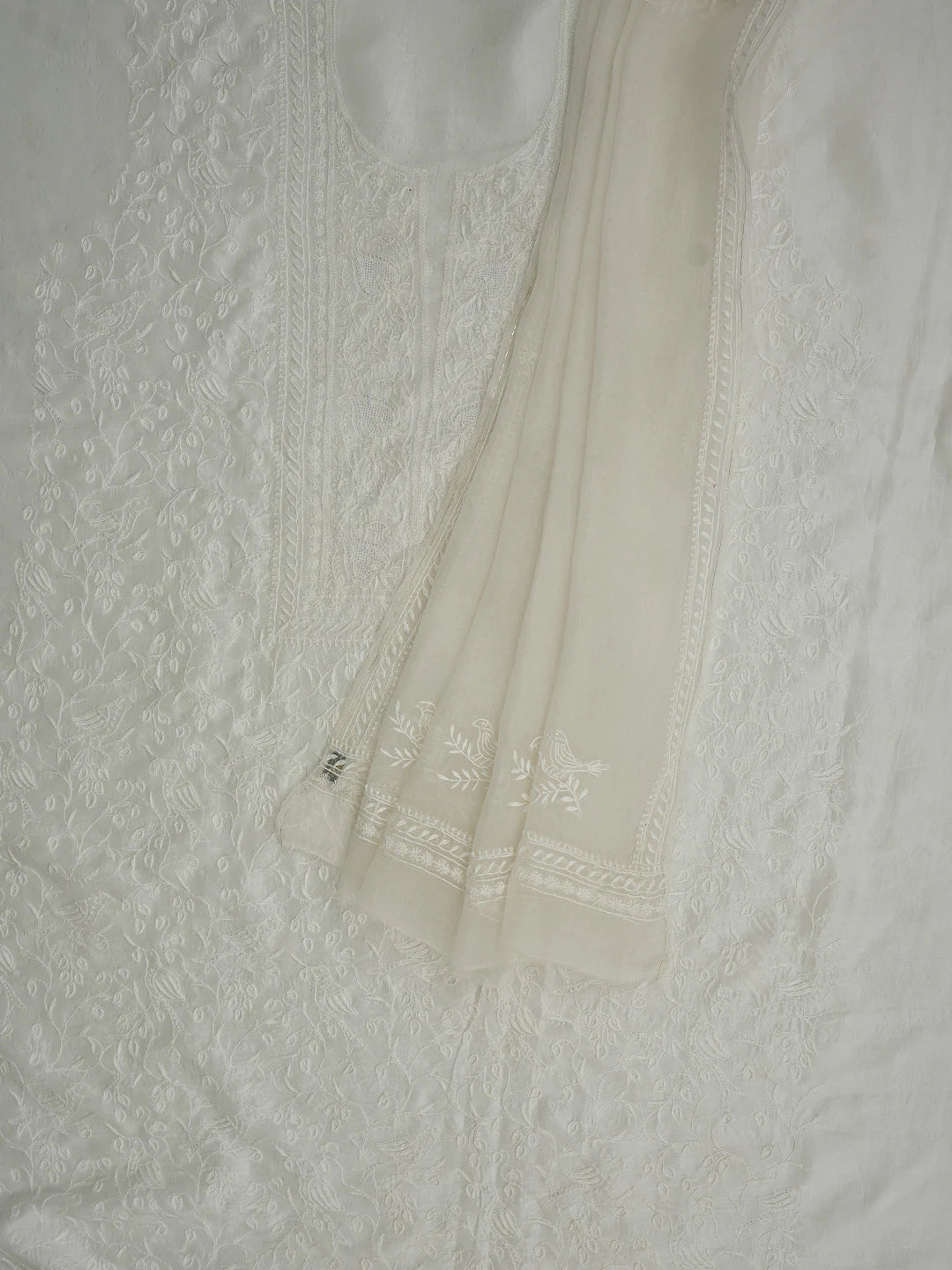 Ada Hand Embroidered White Silk Lucknowi Chikankari Unstitched Kurta Dupatta Set 01A760536