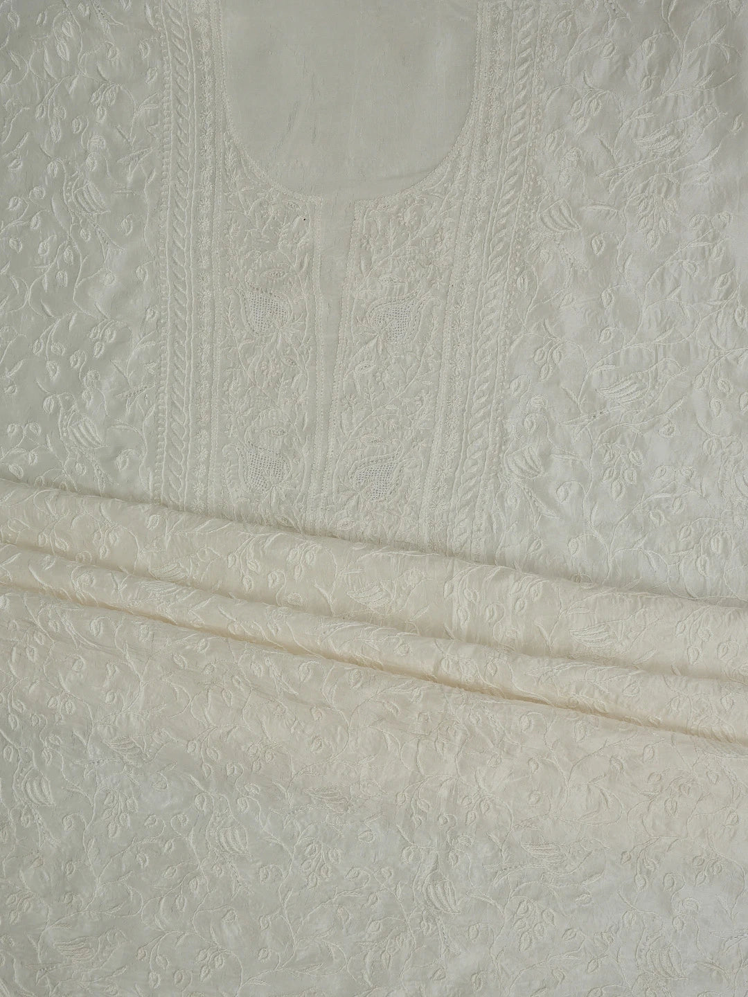 Ada Hand Embroidered White Silk Lucknowi Chikankari Unstitched Kurta Dupatta Set 01A760536