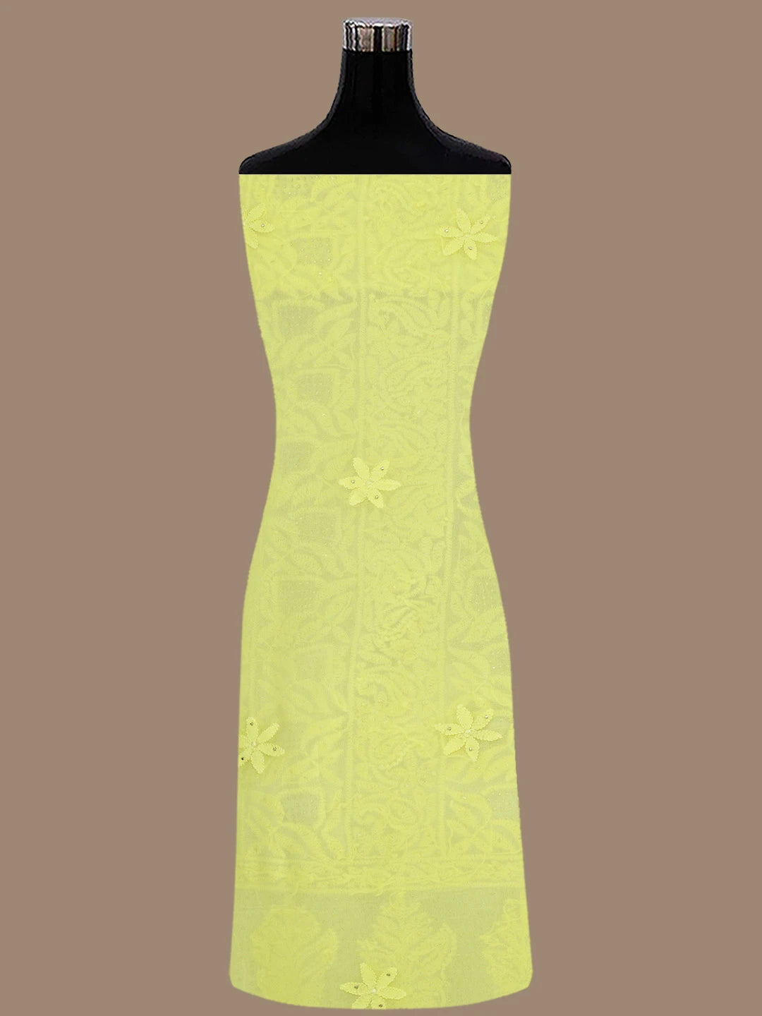 Ada Hand Embroidered Lemon Viscose Georgette Lucknowi Chikankari Unstitched Kurta Dupatta Set With Mukaish Work 01A815278