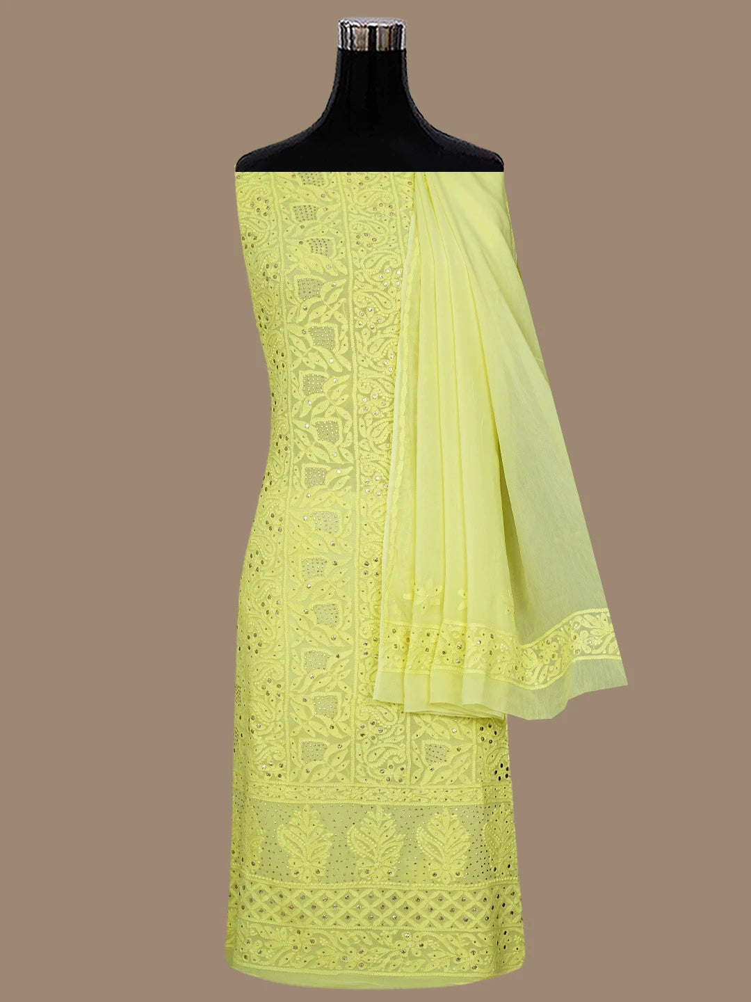 Ada Hand Embroidered Lemon Viscose Georgette Lucknowi Chikankari Unstitched Kurta Dupatta Set With Mukaish Work 01A815278